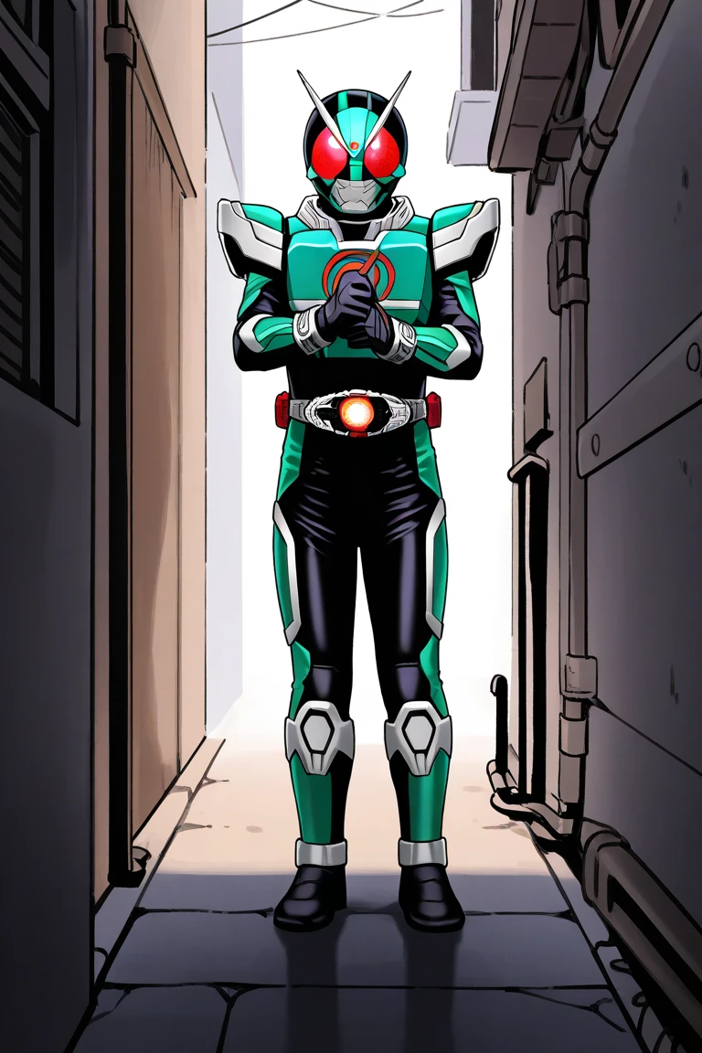   ,(  top quality ), (High definition cartoon ), (  top quality ), ,Back Alley, Back Alley, Back Alley,  Japanese with a cool and handsome face , Beautiful young man 18 years old, Kamen Rider Suit , Shy personality, 18 years old, Weak body, Height: 190cm、Kamen Rider cornered by a wall , Raise your hands and surrender,  frightened.