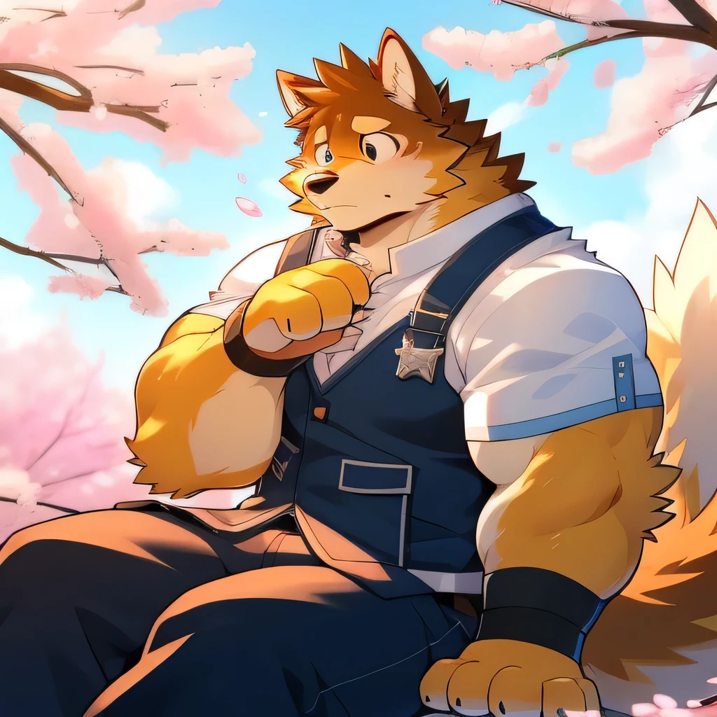 Scribble 柴dog face, cute faces,Human(dog),( casual outfit :1.3), muscular ,(Brown eyebrows:1.1),( perfect black eyes),（ artist :Takemoto Arashi）,( plump hips ),(Foam)，Cherry blossoms，Sitting， sad expression ，Wolf Tail，（ four fingers ）