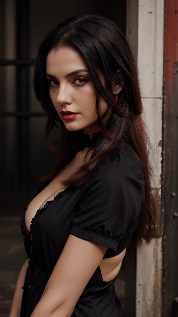 (best quality,ultra-detailed,photorealistic),young woman vampire queen,beautiful bright red eyes, detailed lips, green lipstick, vampire like makeup, pensive expression, soft lighting,vibrant colors, long flowing Reddish hair, stylish vampire outfit, cemetery background, dark night,serene atmosphere, hourglass figure, 4k details, erotic face,  full body pose,  shown vampire teeth