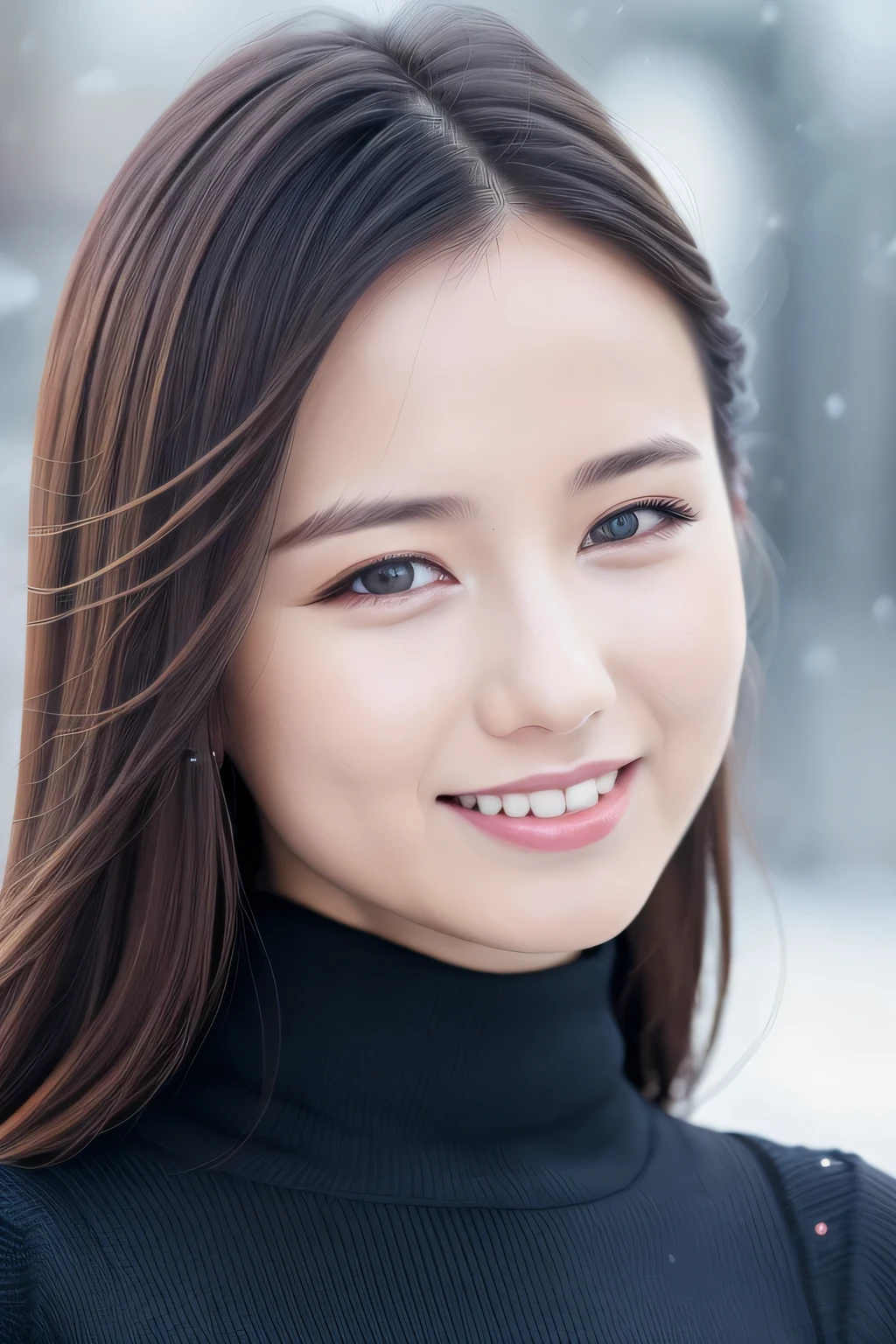 One girl,(Wearing a turtleneck sweater),(Winter jackets),(RAW Photos, Best Quality), (Realistic, photo-Realistic:1.4), masterpiece, Very delicate and beautiful, Very detailed, 2k wallpaper, wonderful, In detail, Very detailed CG unity 8k wallpaper, Super detailed, High resolution, Soft light, Beautiful detailed girl, Very detailed eyes and face, Beautifully detailed nose, Beautiful detailed eyes,Cinematic Lighting,Snow Scene,Ski Resorts,Snowfield,Snow Mountain,Perfect Anatomy,Slender body,smile 、Erotic