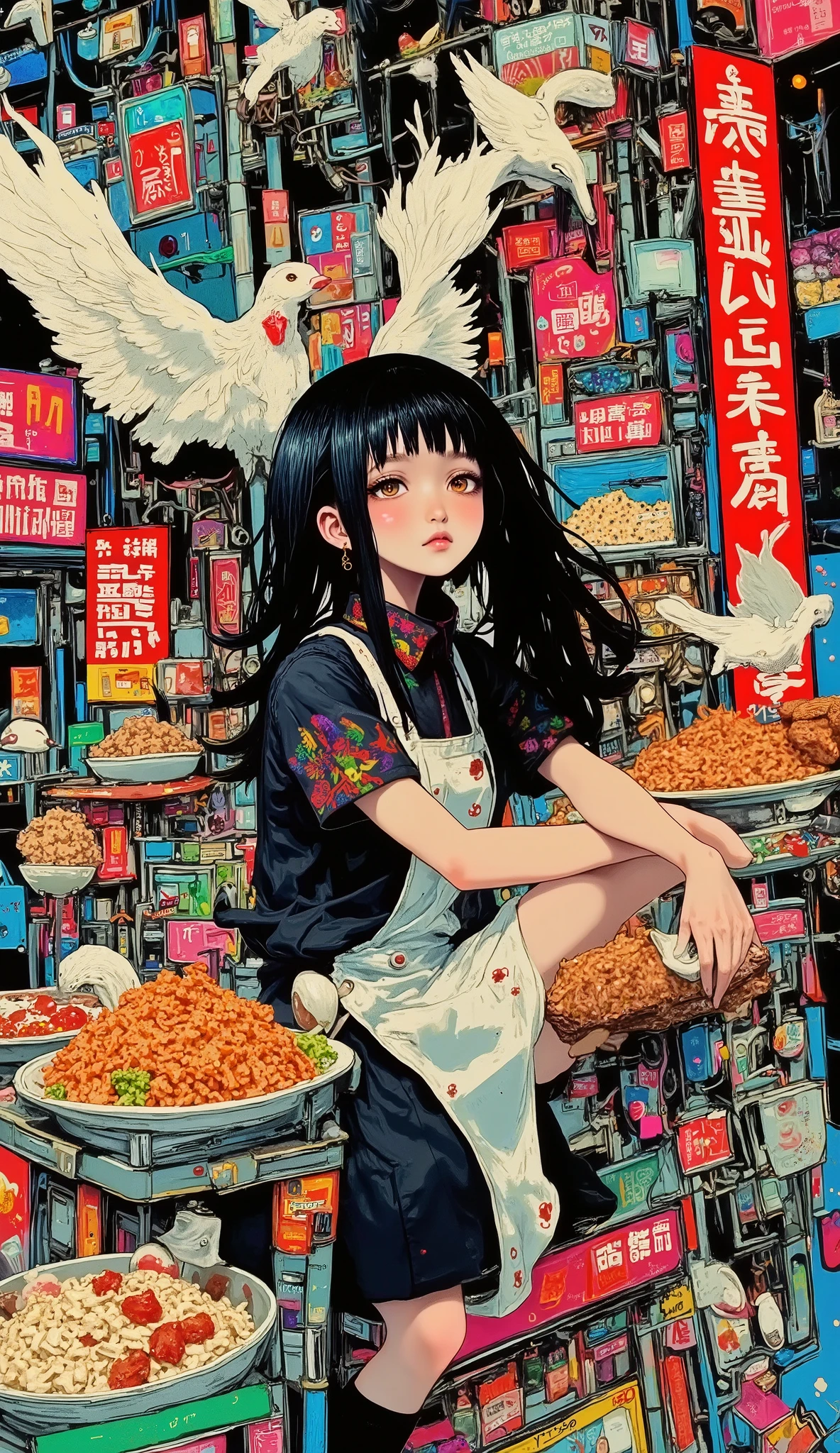  general plane ,  Full body , Street Food Stall, Manga style, de comic, street food stand, on a busy street