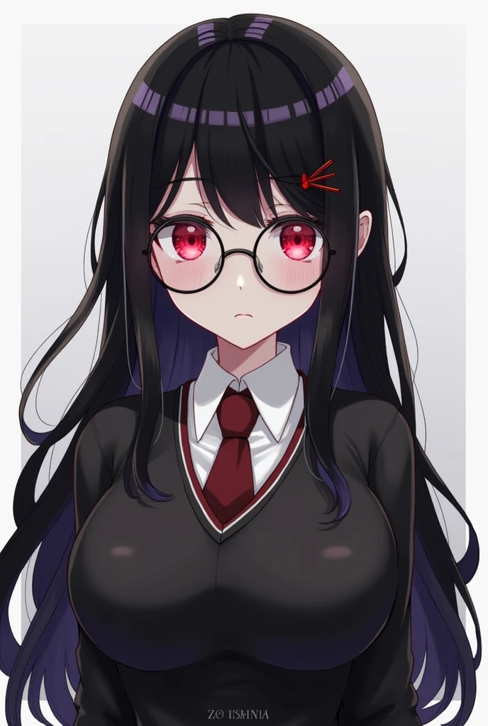Justice Helltaker: An adult female demon, blind, with black glasses, with red gloves, with small horns, red bow in her hair, white hair, with a red blouse, black tie, black coat, large breasts, and very sexy