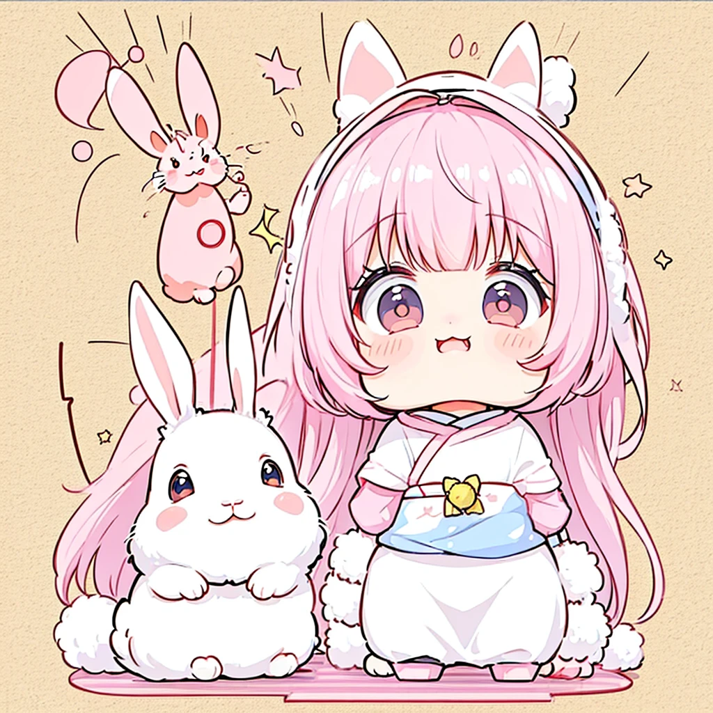 chibi rabbit with fluffy ears, sticker style, plain background