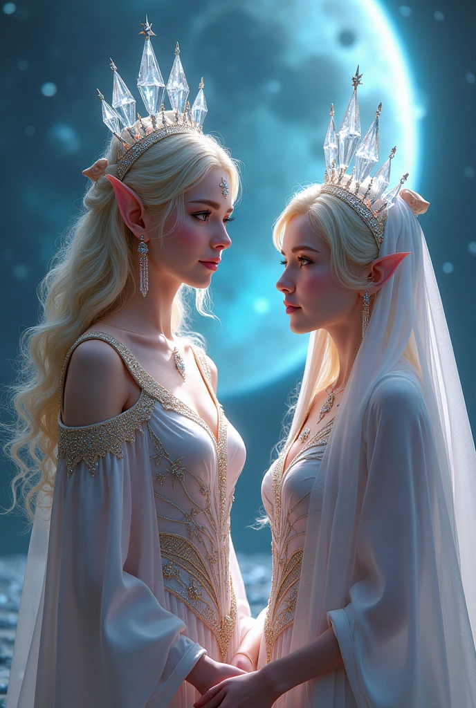 ((best quality)), ((Meisterwerk)), (detailed), perfektes Gesicht long blonde haired crowned celestial fairytale queen with unattaiinable beauty and grace and volouptous chest dressed in long ethereal magnificent luminous flowing billowing gown kisses her mortal teenage daughter tenderlous, ethereal elegace, cosmic queen, blooming grace, goddess,