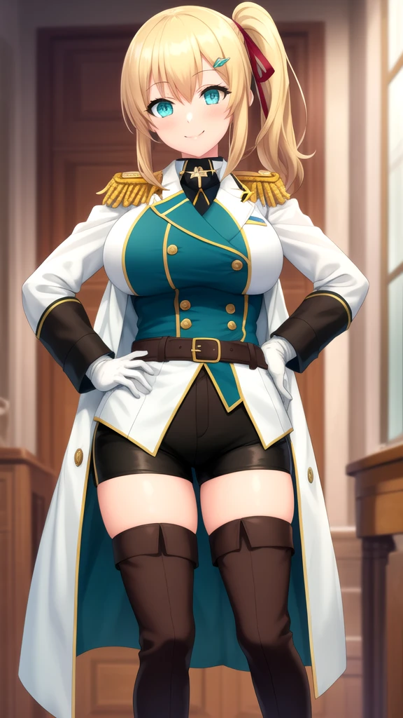 masterpiece, best quality, 1girl, solo, looking at viewer, emma_brightness, blonde hair, aqua eyes, ribbon, side ponytail, large breasts, military uniform, coat, black shorts, epaulettes, brown belt, thigh boots, white gloves, smile, hands on hips, indoors,