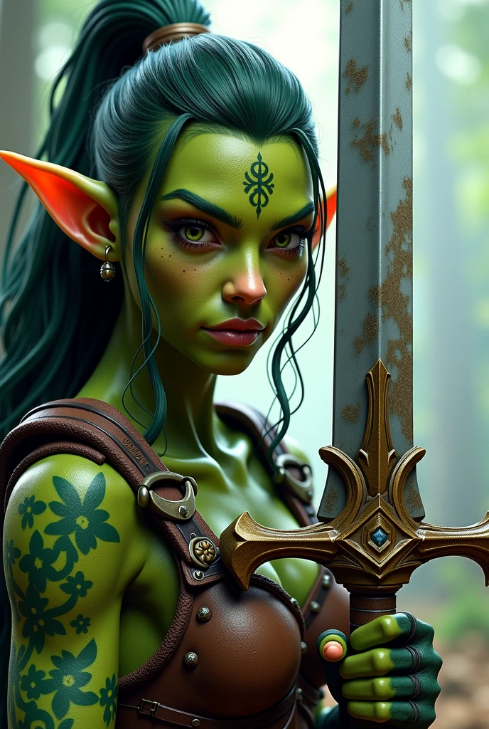 A young 15- yr old Orcish girl with lovely charming face, having green skin tone pigmenting texture, (athletic body), ( green skin texture masterpiece ), (tomboyish braided hairstyles look), (( wearing helmet with horns)), (serious, with exposed teeths showing large fangs)(perfect full body detailed anatomy), (Super accessories detailed), (fighting pose), (perfect detailed bright sparkling eyes),( short illuminating gemstone crystalized hair), ((expose big hard erect nipples))(( exposed panty with pussy clitoris exposed and showing))((legs wide open showing pussy line))(( Wearing transparent illuminating costume of Orcs )), (( holding a treasure axe or treasure war hammer )), (( illuminating different lights covering the sorrounding atmosphere battle fields)) on its back wearing furry cape detailed design, has a angry face, 7 different perspective view of that same girl & face profile sheet character style