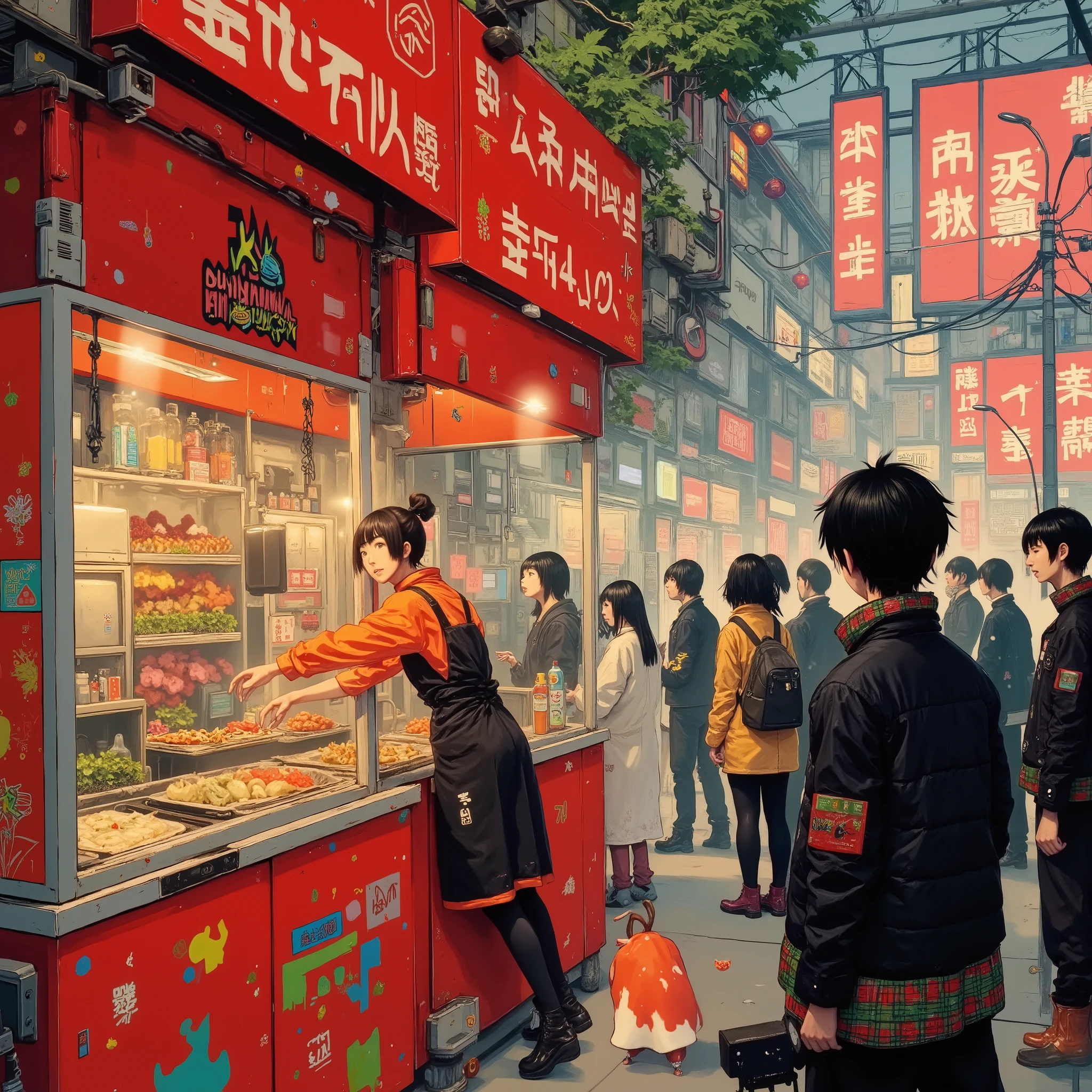  general plane ,  Full body , Street Food Stall, Manga style, de comic, street food stand, on a busy street