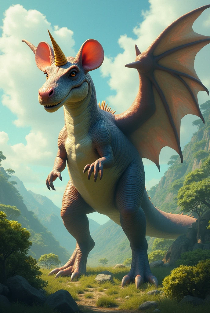 In the town of Bedrock, a pink brontosaurus acts like a crane on a construction site, a cave woman in a stone control room on the dinosaurs back directs its activity,. It is lifting and placing shaped boulders using its mouth

