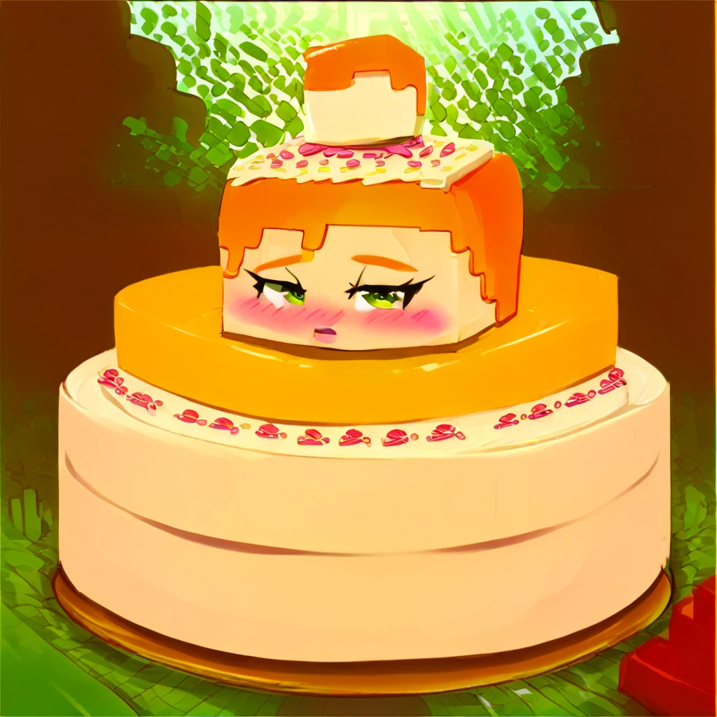 Living cake, score_9, score_8_up, score_7_up, score_6_up, score_5_up, score_4_up, source_anime, mcAlex, minecraft, orange hair, forest, fat, chubby, obese, gigantic arms and legs, blush