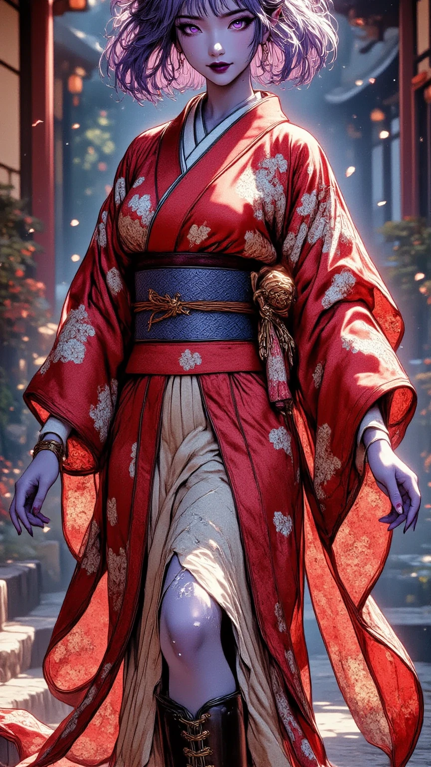  1 mature beautiful dark elf woman,(masterpiece:1.3, top quality:1.3, very detailed depiction:1.3, Incredibly High Resolution :1.3,High quality anime drawings),(Japanese bright colored kimono ,Beret:2.0, Fur Scarf , boots),(Blue Skin:2.0, purple eyes, half-closed eye ,Glossy lipstick, for a slender figure,Beautiful legs,Beautiful thighs,High quality skin),( bewitching smile,Seductive gestures), full body image ,Dim atmosphere,Illuminated by light,first visit of the year to a shrine,background:Shrine torii gate:2.0