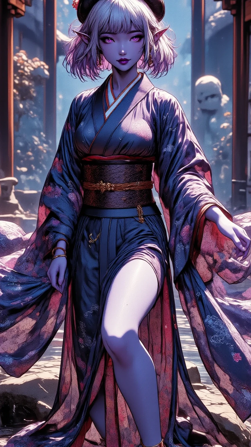  1 mature beautiful dark elf woman,(masterpiece:1.3, top quality:1.3, very detailed depiction:1.3, Incredibly High Resolution :1.3,High quality anime drawings),(Japanese bright colored kimono ,Beret:2.0, Fur Scarf , boots),(Blue Skin:2.0, purple eyes, half-closed eye ,Glossy lipstick, for a slender figure,Beautiful legs,Beautiful thighs,High quality skin),( bewitching smile,Seductive gestures), full body image ,Dim atmosphere,Illuminated by light,first visit of the year to a shrine,background:Shrine torii gate:2.0