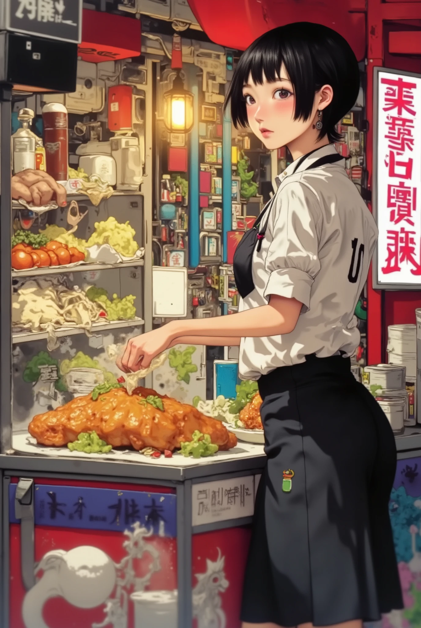  general plane ,  Full body , Street Food Stall, Manga style, de comic, street food stand, on a busy street