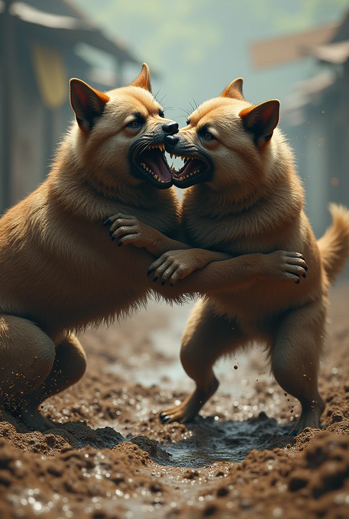 Dogs biting each other in a dark room