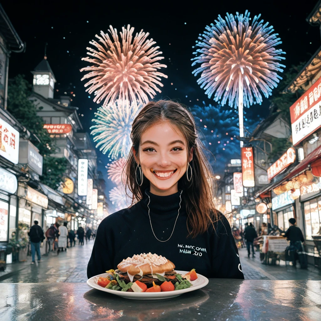 Street food scene 、New Year's animated illustration 、”２０２５　 fireworks with the letters “Happy New Year”