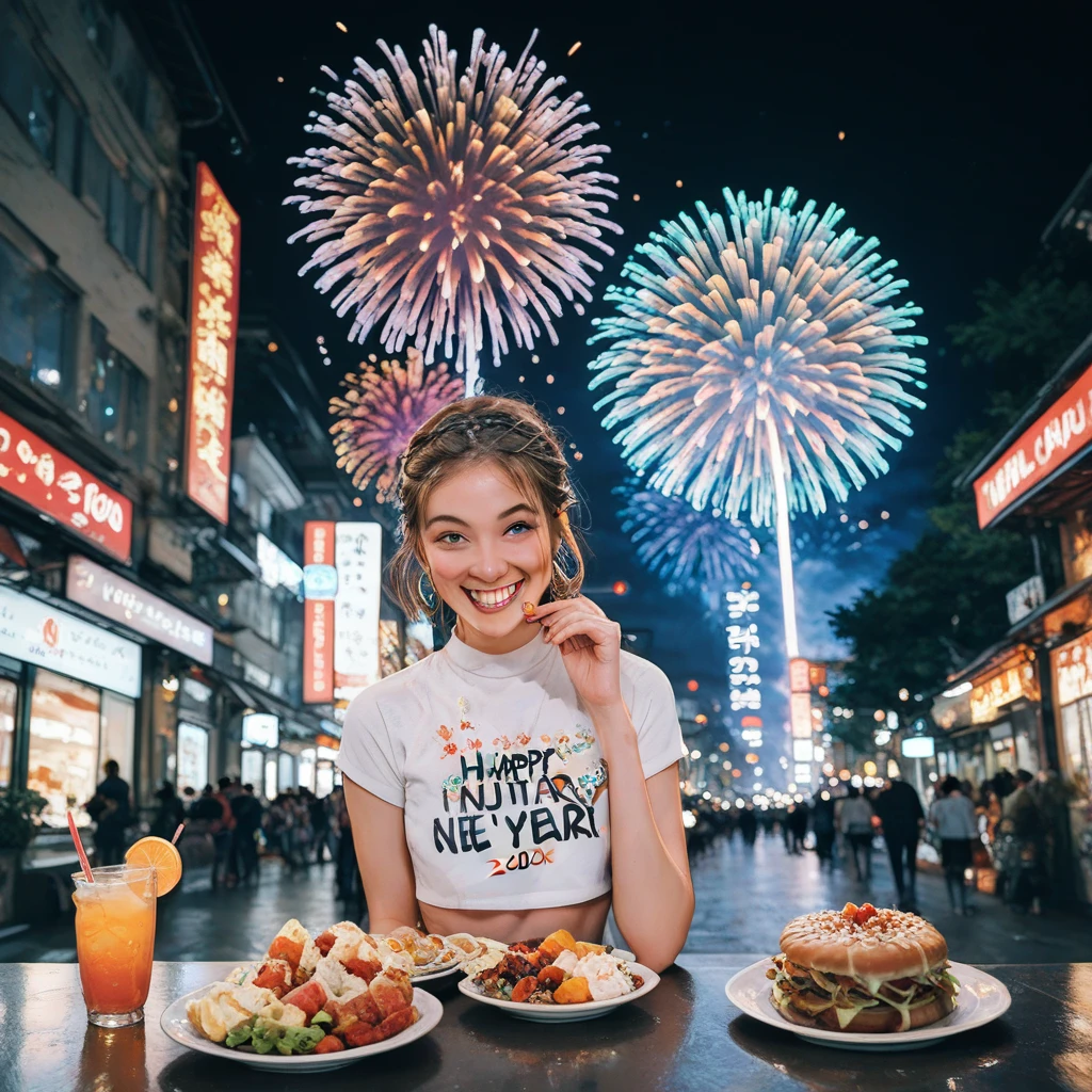 Street food scene 、New Year's animated illustration 、”２０２５　 fireworks with the letters “Happy New Year”