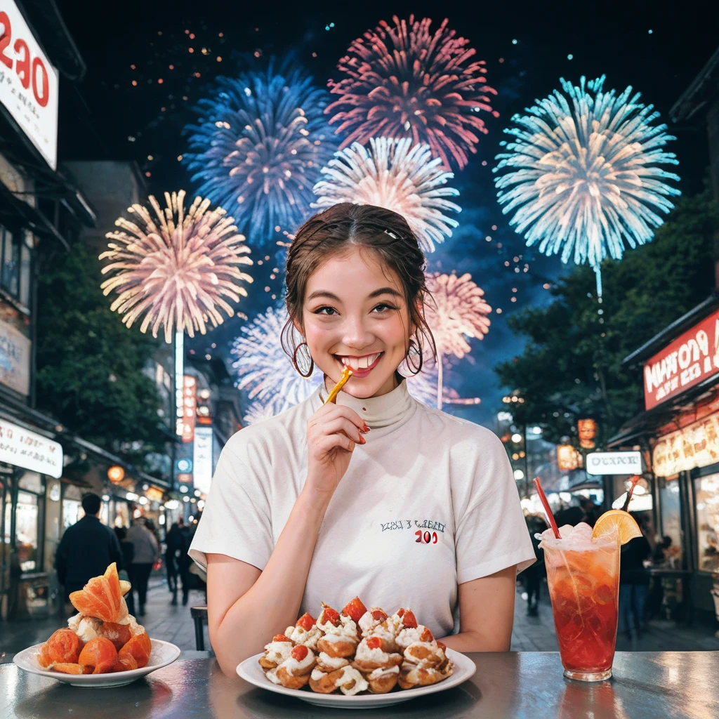 Street food scene 、New Year's animated illustration 、”２０２５　 fireworks with the letters “Happy New Year”