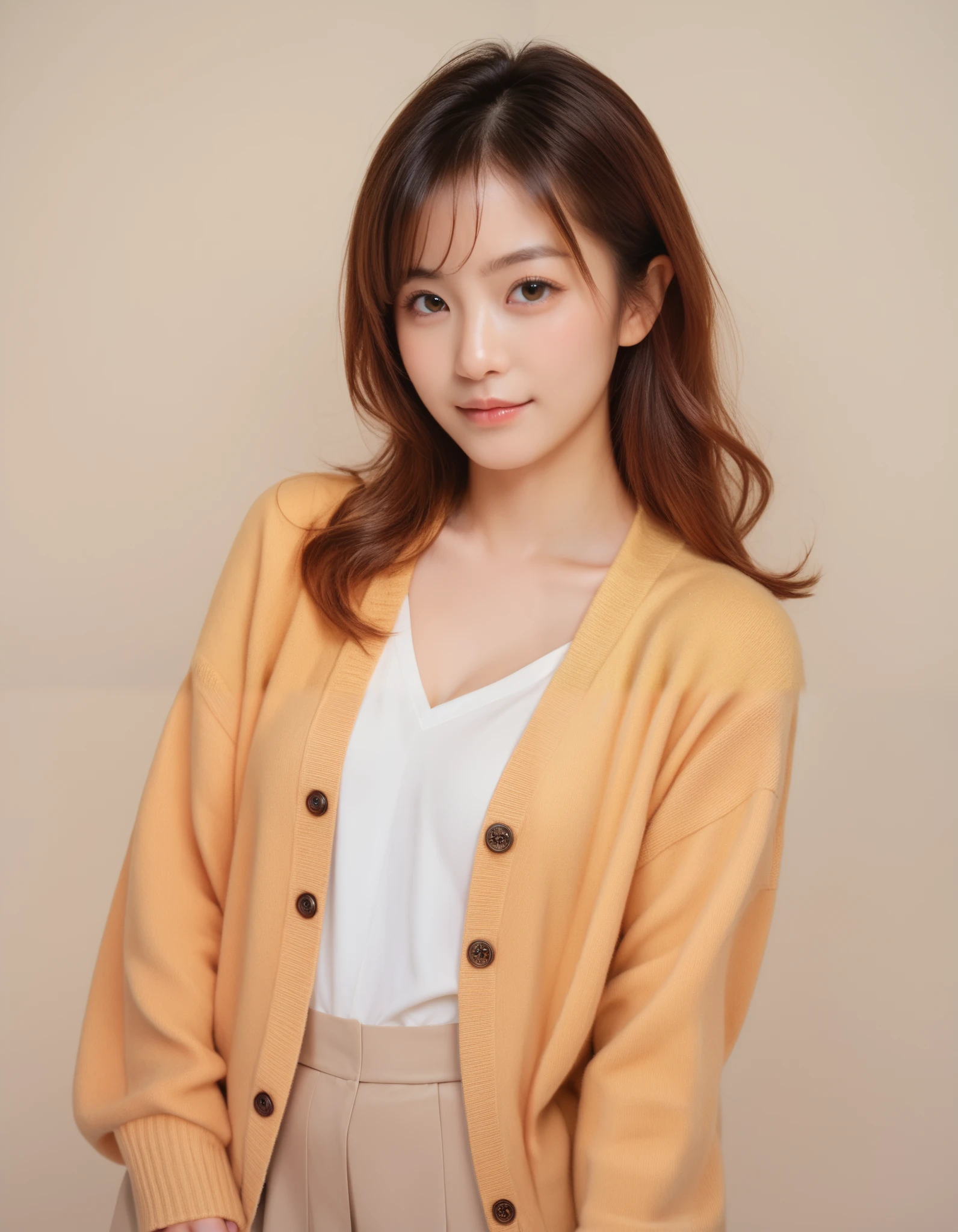 Indoor, One woman, cardigan, (Smooth Hair:1), (Japanese), (Beautiful woman), So cute, (Photorealistic), Realistic