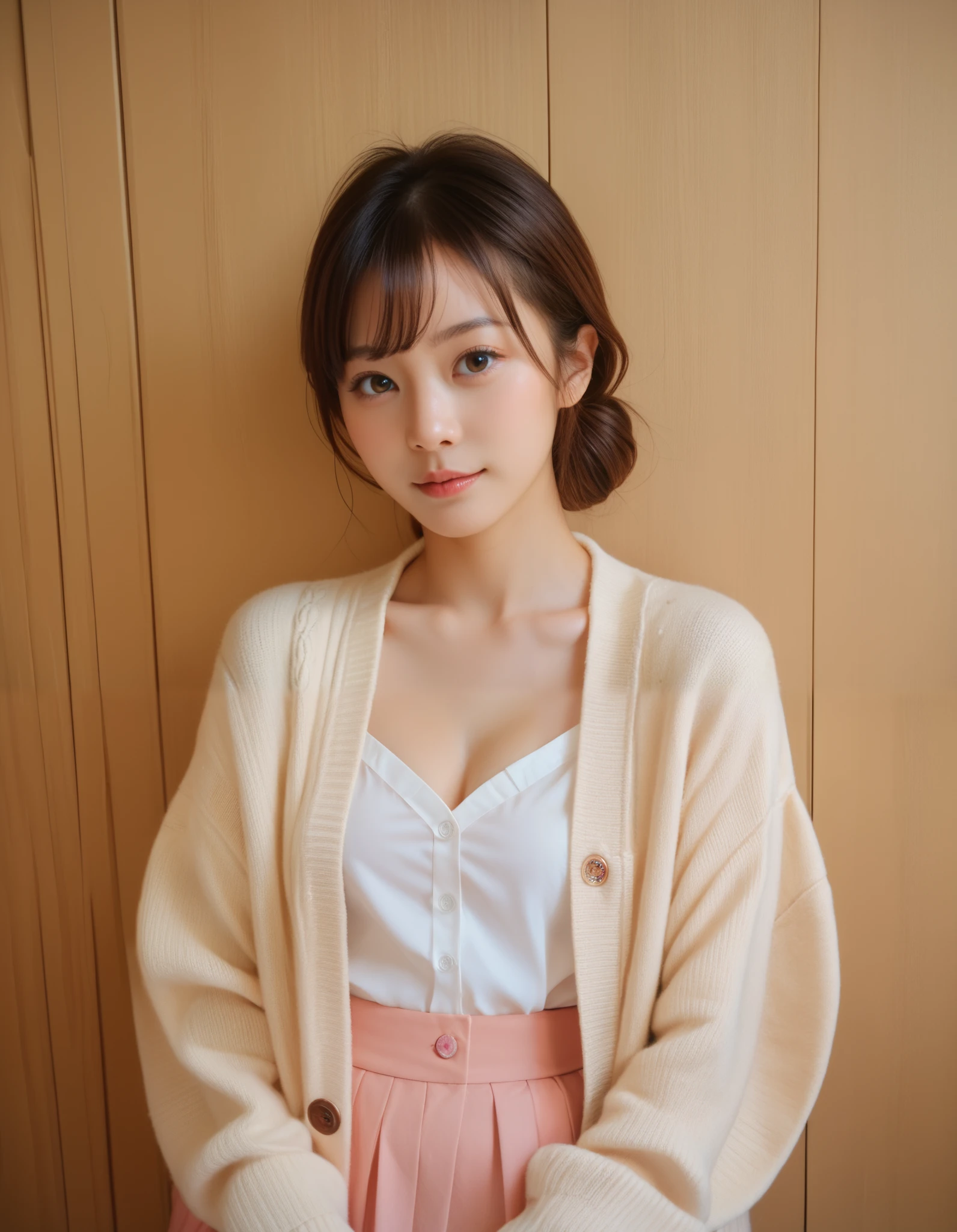 Indoor, One woman, cardigan, (Smooth Hair:1), (Japanese), (Beautiful woman), So cute, (Photorealistic), Realistic