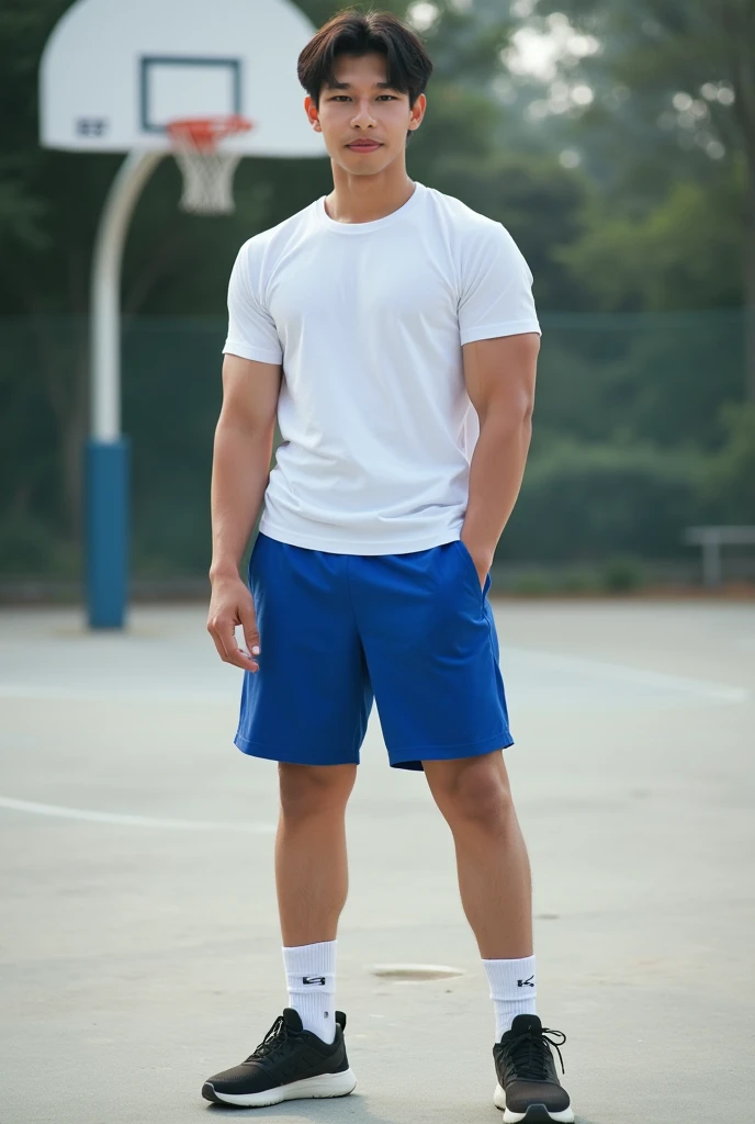 Full body male protagonist with blonde hair and long anime arms and legs