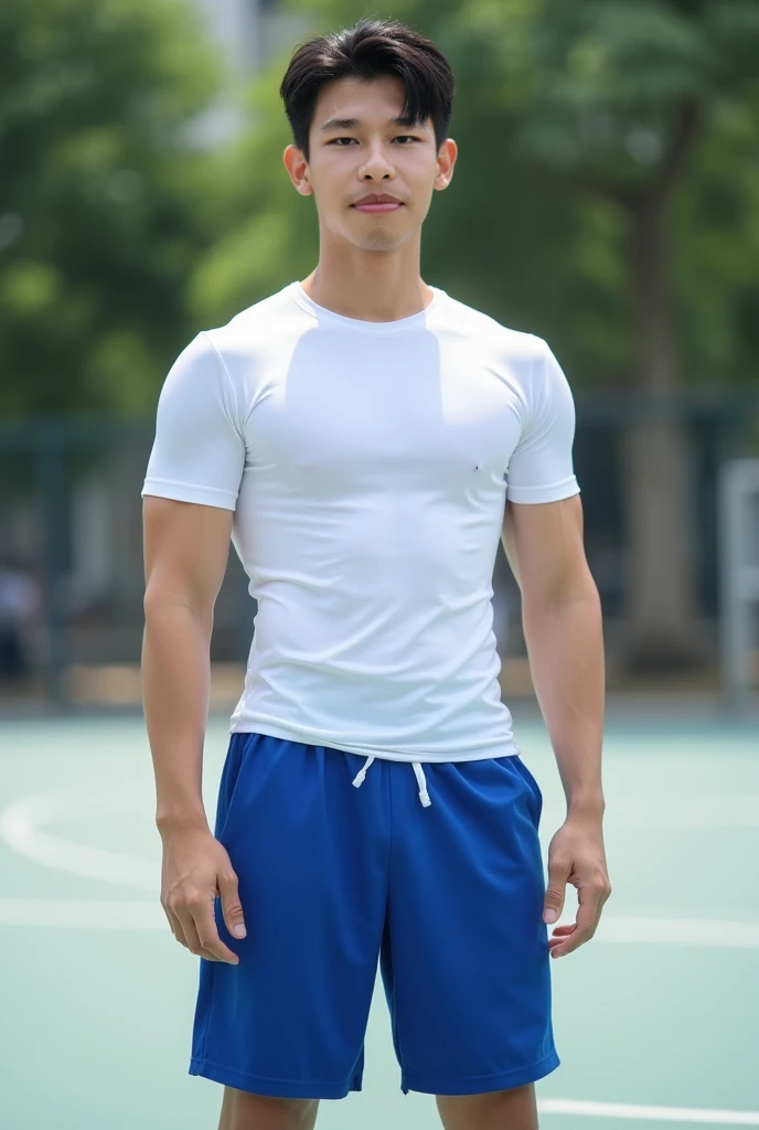 Tony Labrusca, (As a matter of fact, Masterpiece, 8k HD, good light quality, sportswear, fit the face, complicated details), A handsome, muscular young Korean man. , 20 years old, be happy, smile brightly, detailed face, delicate eyes, มองดูsky, Wear a navy tight T-shirt., period, black eyes, Black hair color, ผมsmooth, smooth, outdoor sports, Along the garden, Sunny,sky,Surreal,Awesome details,Highest quality,real,