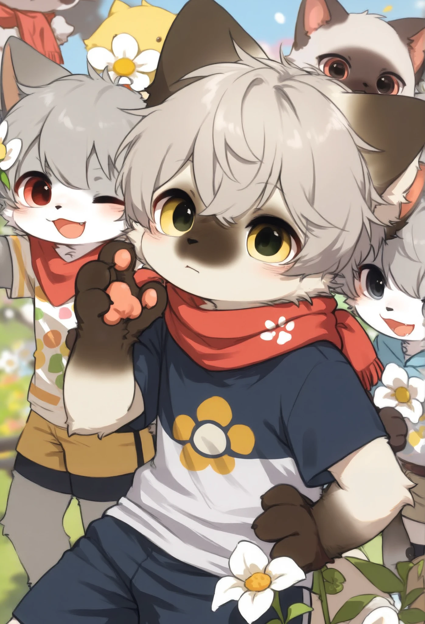 Siamese cat boy，furry boy， **ddlers，Three Flower Cats， gray hair，，Red scarf， shorts，Short sleeve，one person