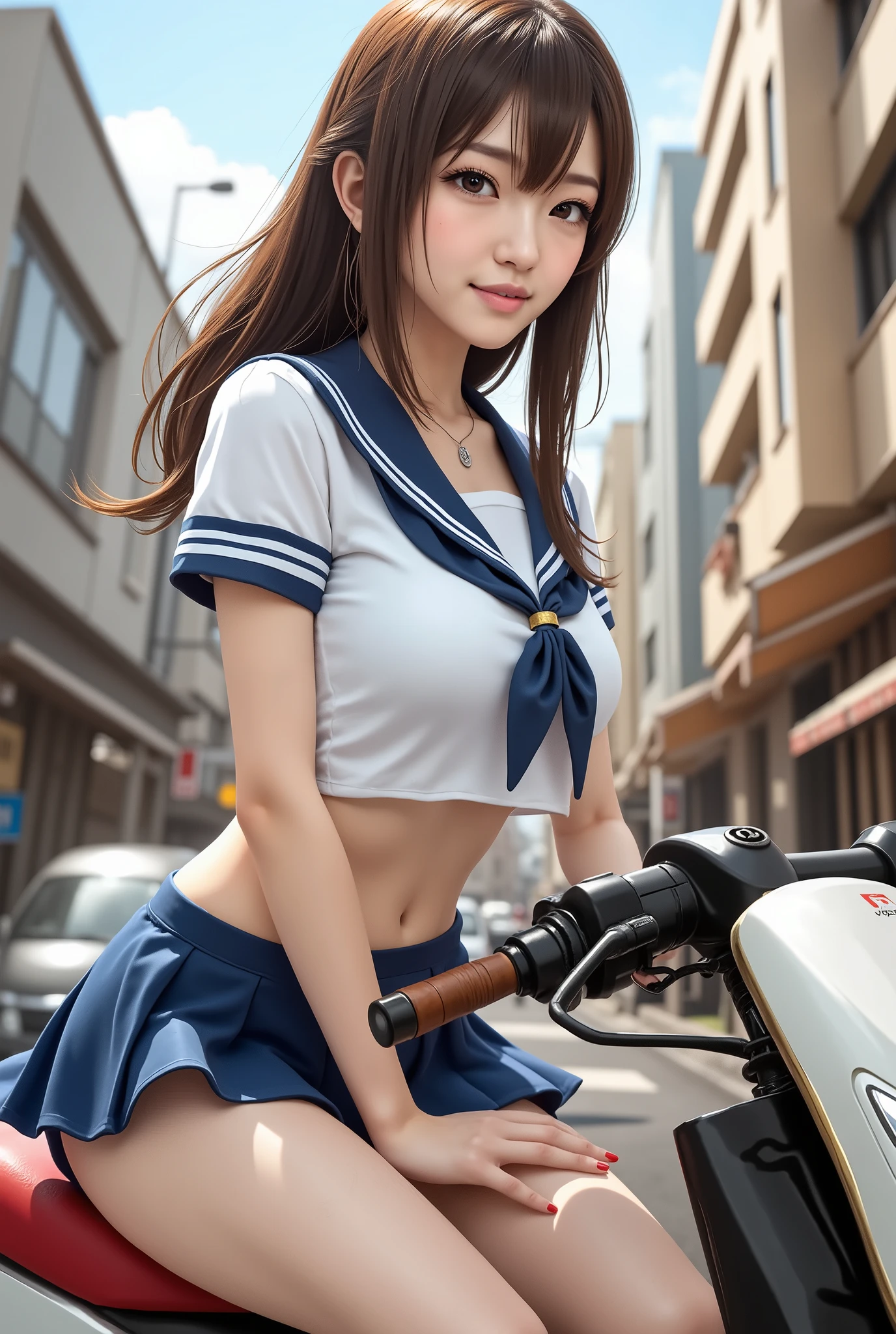 (Japanese schoolgirl in sailor suit)、((My skirt is turned over and my underwear is visible))、((I'm riding a Japanese runaway motorcycle crotch))、(Masterpiece:1.3),   High Definition ,  very detailed,   very detailedCG Unity 8k Wallpaper,  realistic, photo-  realistic,  RAW photos ,   Beautifully illustrated faces down to the smallest detail  ,  white skin,  realistic skin,  fine fabric texture  ,   Detailed Hair Texture  ,  perfect ratio ,  beautiful faces, Accurate,  anatomically correct,   High Definition  face and skin texture,  Natural Neck-length Cross Iris ,  Shiny Necklaces  , (  Beautiful hands   ), (  white skin:1.2), Thin legs, Thin legs,  sexy thighs  , Squatting with legs crossed,   lace white panties  , punch, from below, break,  beautiful eyes,  symmetrical eyes, I'm wearing a  ,  Double Eilid,  Thin Eyebrow Boots , (  glossy lips:1.4), ( Goddess smile:1.2), (:1.1), break, 