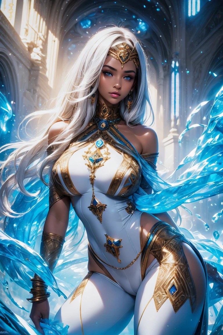 A beautiful and sexy megatrix woman with long white hair and yellow eyes who has a very sexy body wearing a white kimono with gold details and having several runes running across her body