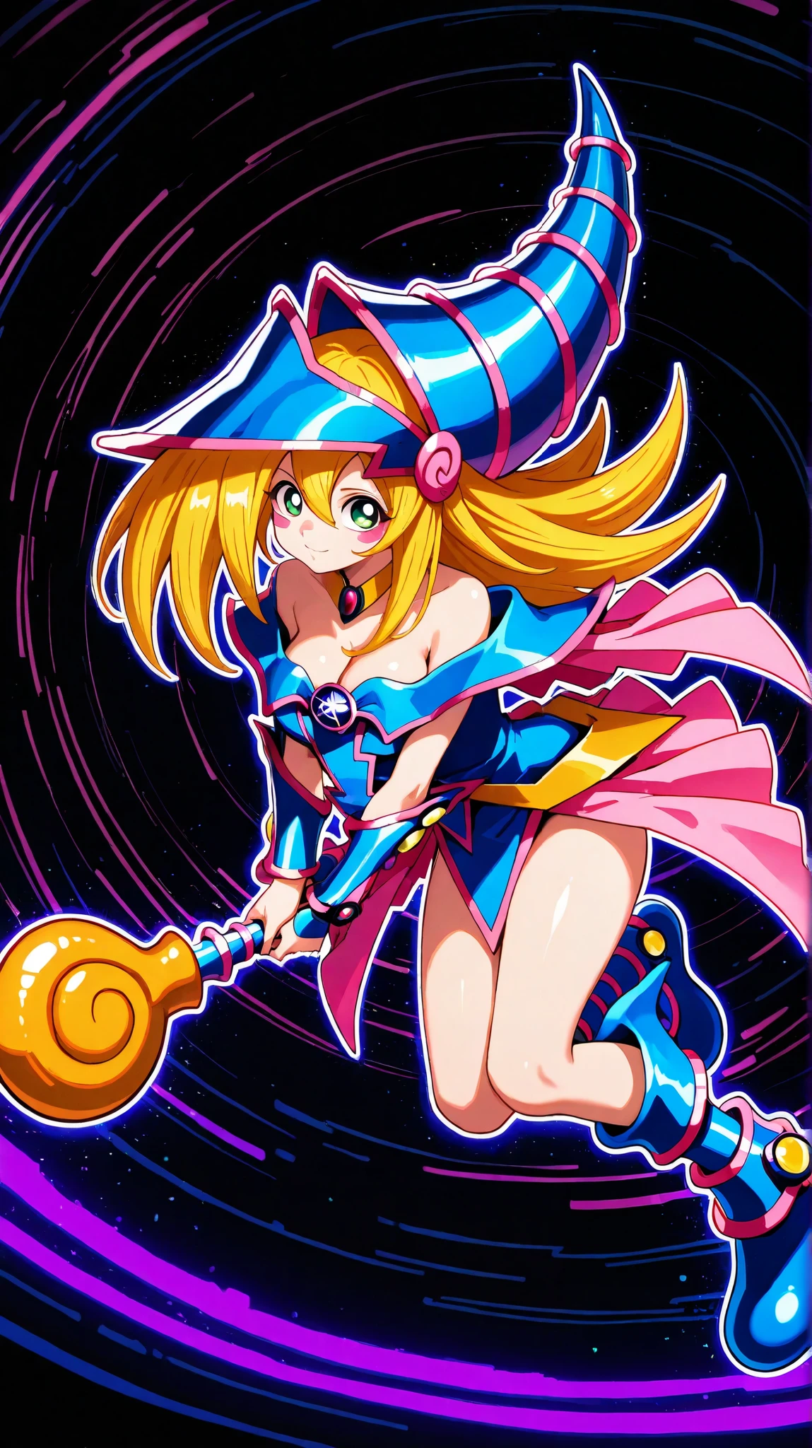 score_9, score_8_up, score_7_up, 1girl, solo, dark_magician_girl,blonde_hair,duel_monster,1girl,long_hair,green_eyes,bare_shoulders,wizard_hat, (small breasts), no cane, cleavage,hair_between_eyes, standing, surprised face, open mouth, opened hands, looking down, fantasy, galaxy,
