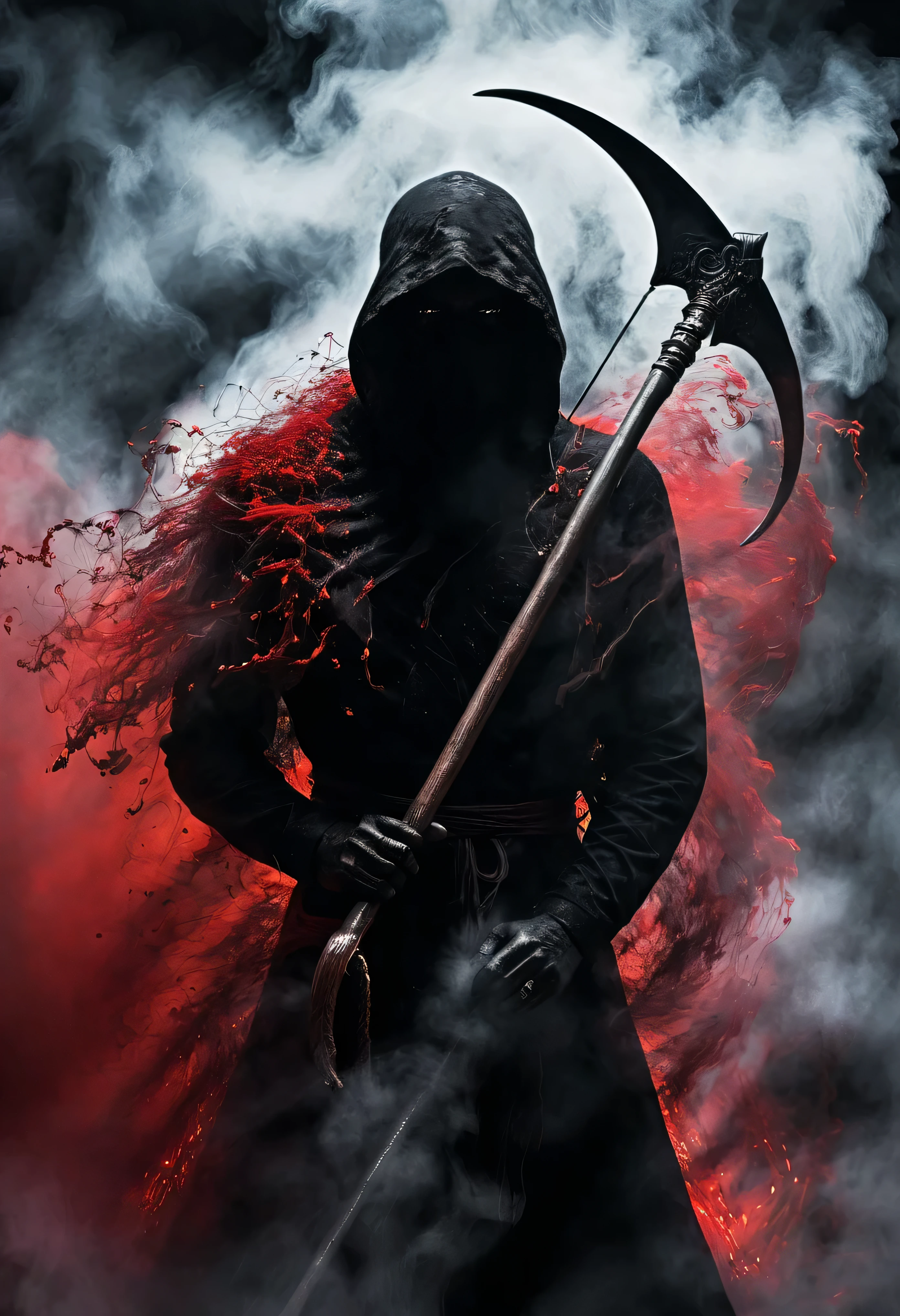 Black grim reaper, Engulfed BY black and red, (Holding his scythe),detailed scythe, best quality, ultra-detailed, dark and mysterious, Gothic style, menacing presence, haunting atmosphere, ethereal lighting, grim and foreboding, eerie shadows, swirling mist, supernatural elements, skull motif, dramatic composition, macabre aesthetics,