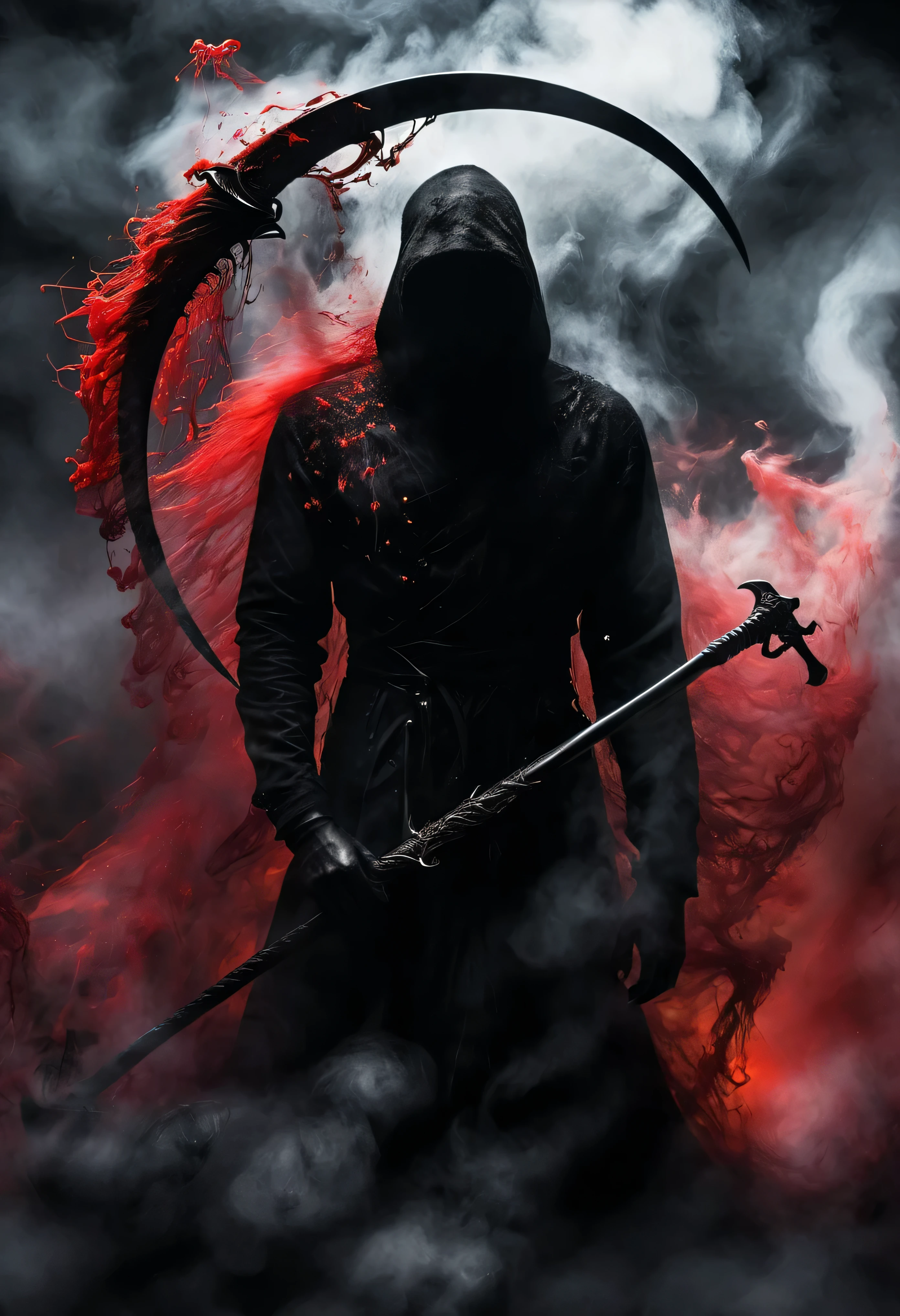 Black grim reaper, Engulfed BY black and red, (Holding his scythe),detailed scythe, best quality, ultra-detailed, dark and mysterious, Gothic style, menacing presence, haunting atmosphere, ethereal lighting, grim and foreboding, eerie shadows, swirling mist, supernatural elements, skull motif, dramatic composition, macabre aesthetics,