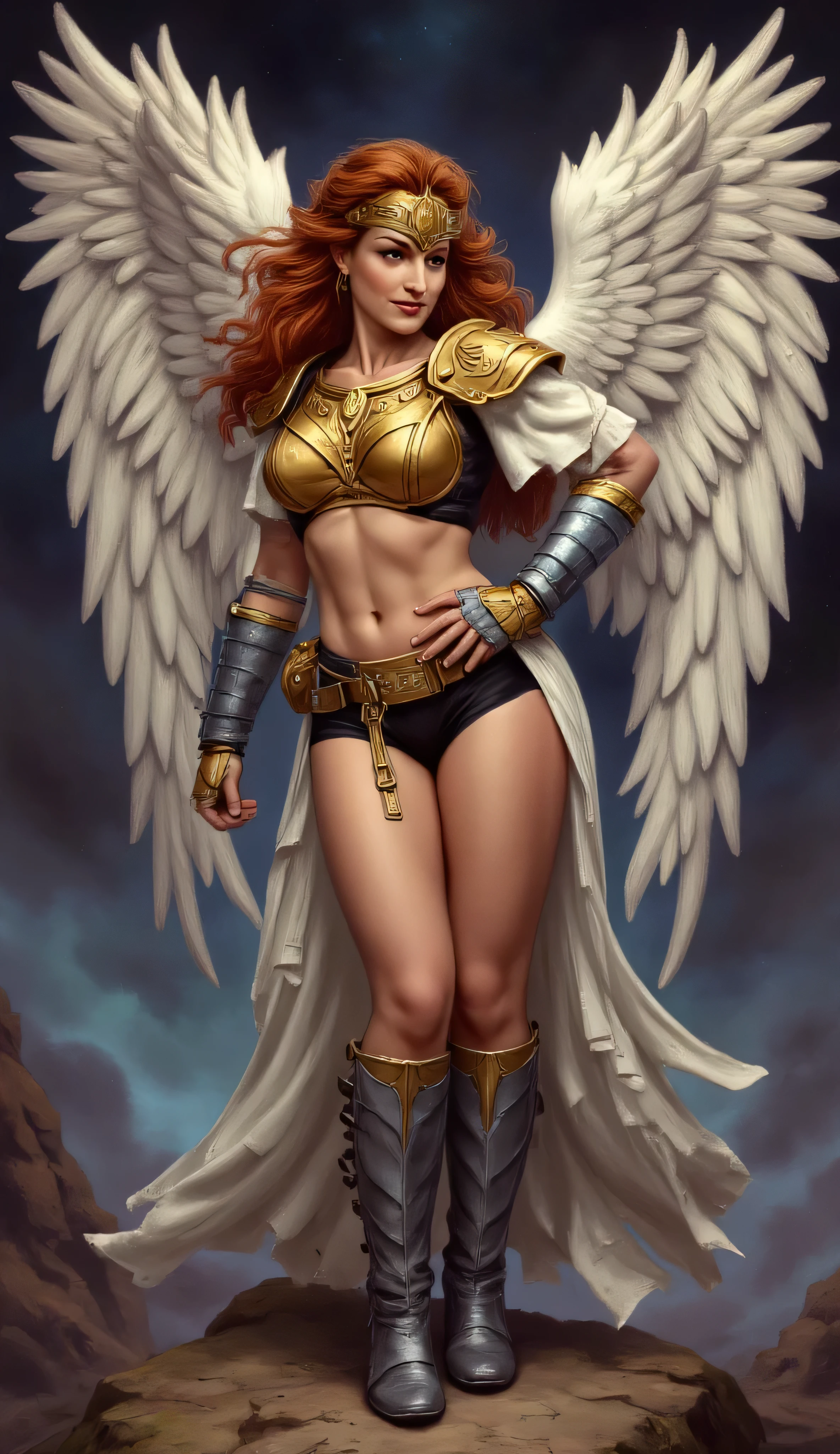 photograph of Helen Hunt as Angela, powerful majestic warrior woman, striking ethereal presence, flowing fiery red hair cascading down her shoulders, golden intricately designed helmet adorned with wing-like ornaments, piercing eyes glow with an otherworldly light, gold shoulder plates, gold breastplate, white loincloth, black panties, brown belt, straps on thighs, metallic gloves, metallic high boots, blue metallic accents, toned physique, celestial guardian, divine aura, large radiant angelic wings spread wide behind her, dramatic heavenly glow, confident stance, determined expression, strength, grace, authority, mythical figure, awe-inspiring, otherworldly, w4rh4mm3r style oil painting