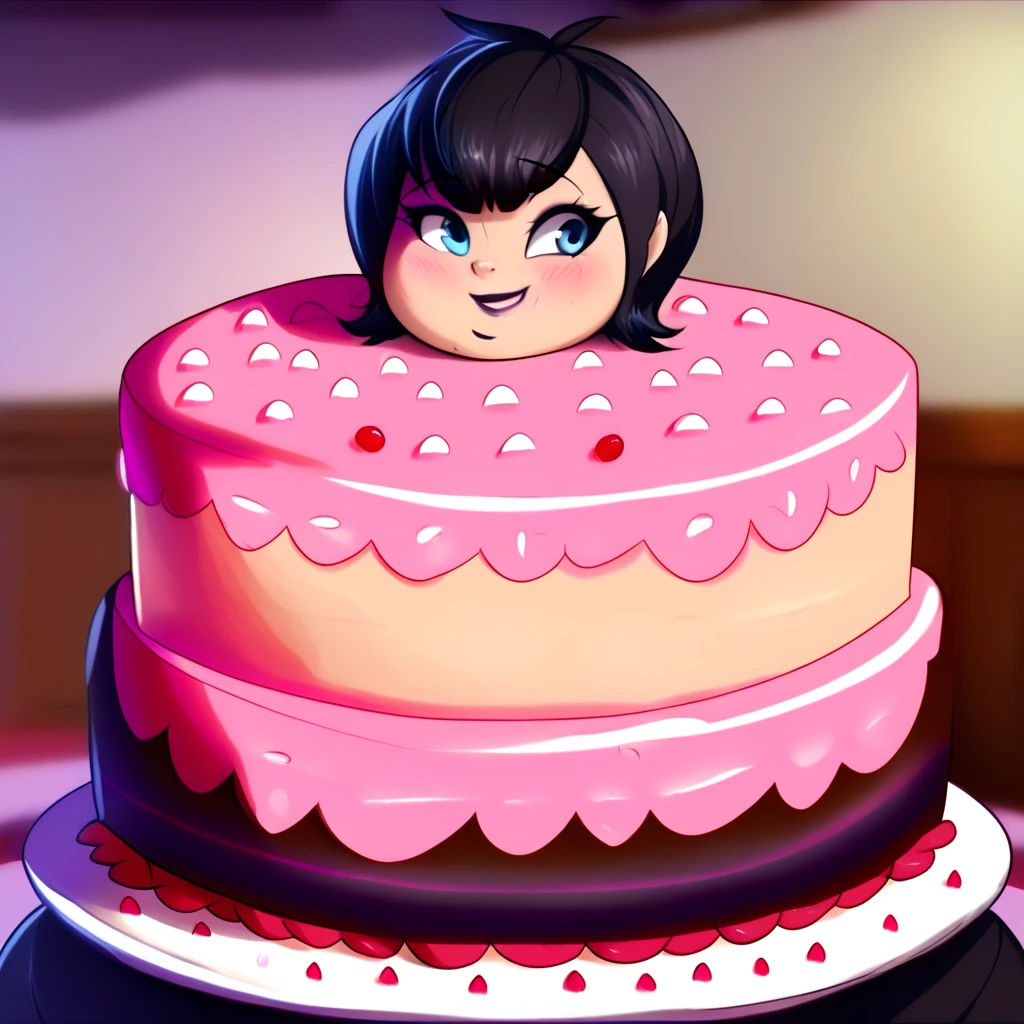 Living cake, score_8_up, BREAK, MAVISDRACULA, 1girl, solo, black hair, short hair, blue eyes, lipstick, black dress, smile, depth of field, upper body, closed mouth, fat, chubby, obese, gigantic arms and legs, blush