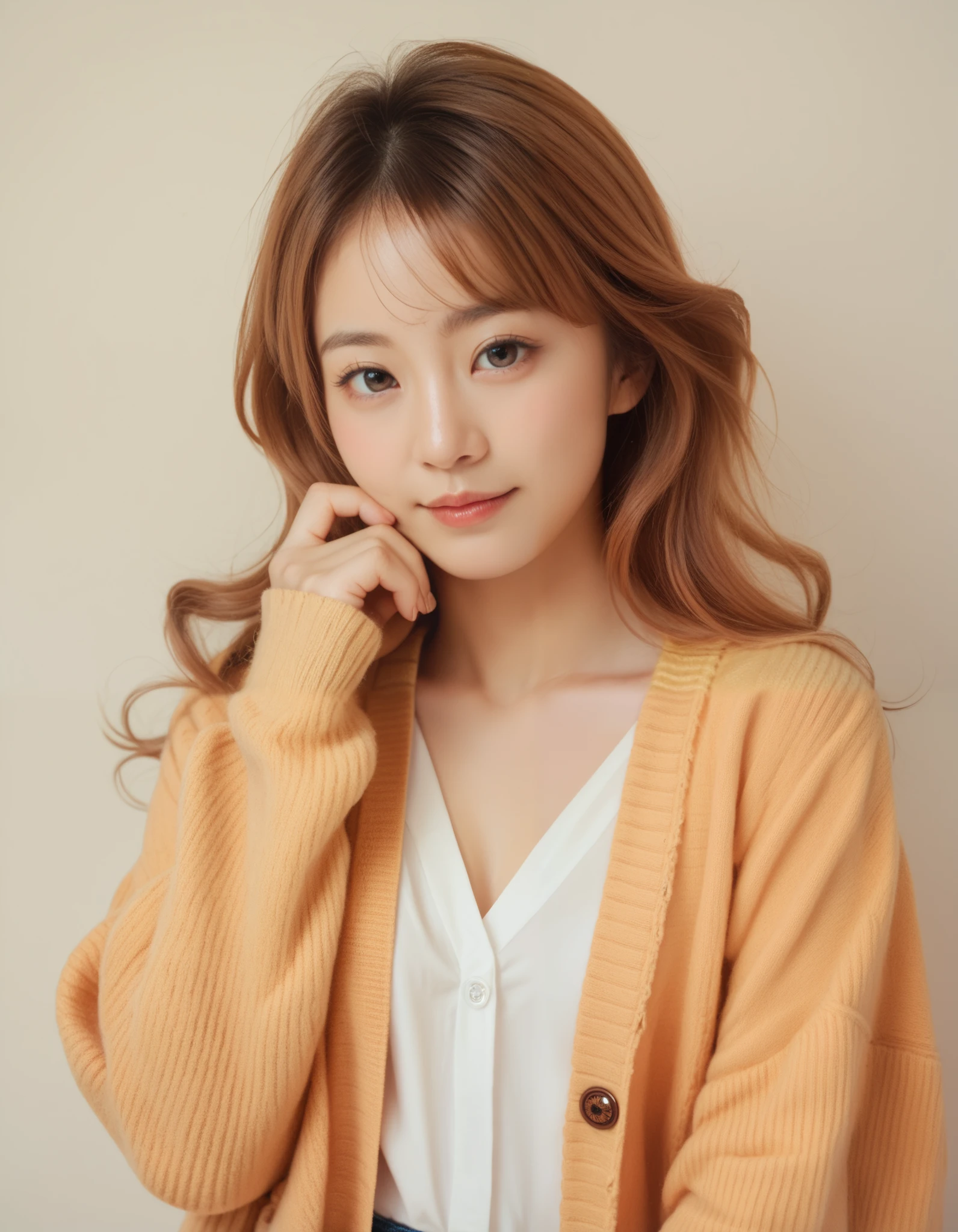 Indoor, One woman, cardigan, (Smooth Hair:1), (Japanese), (Beautiful woman), So cute, (Photorealistic), Realistic, Very detailed