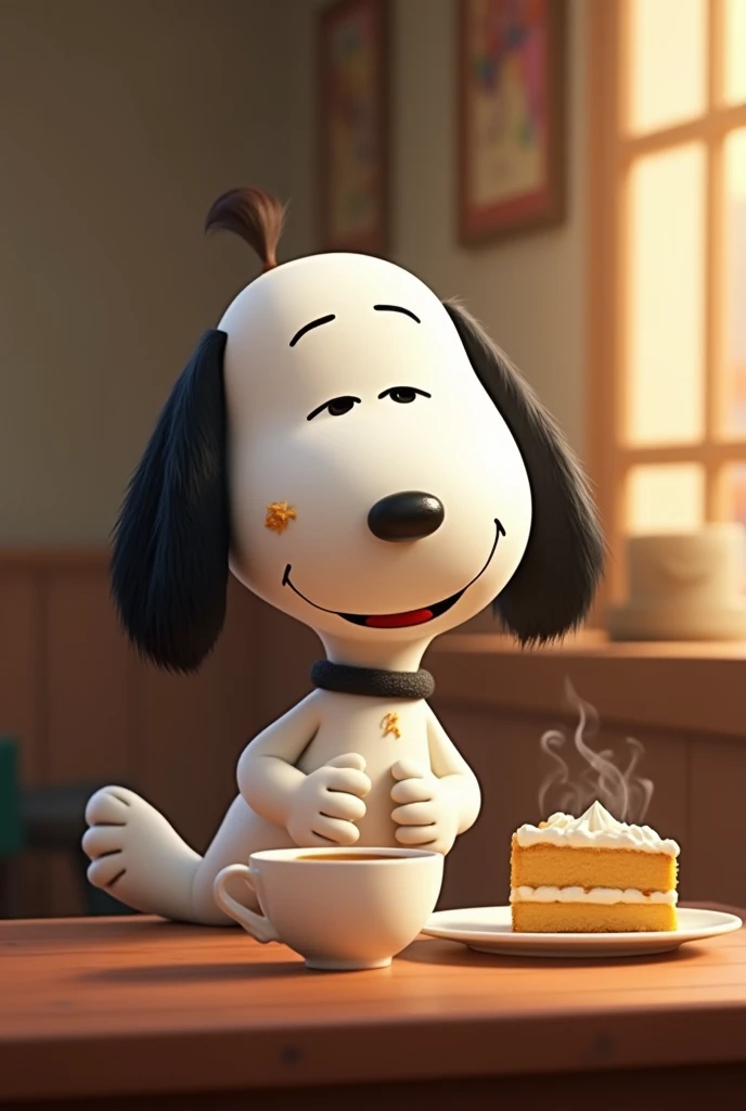 snoopy standing against an invisible wall, foot turned backwards resting on the invisible wall, holding a cup of coffee,