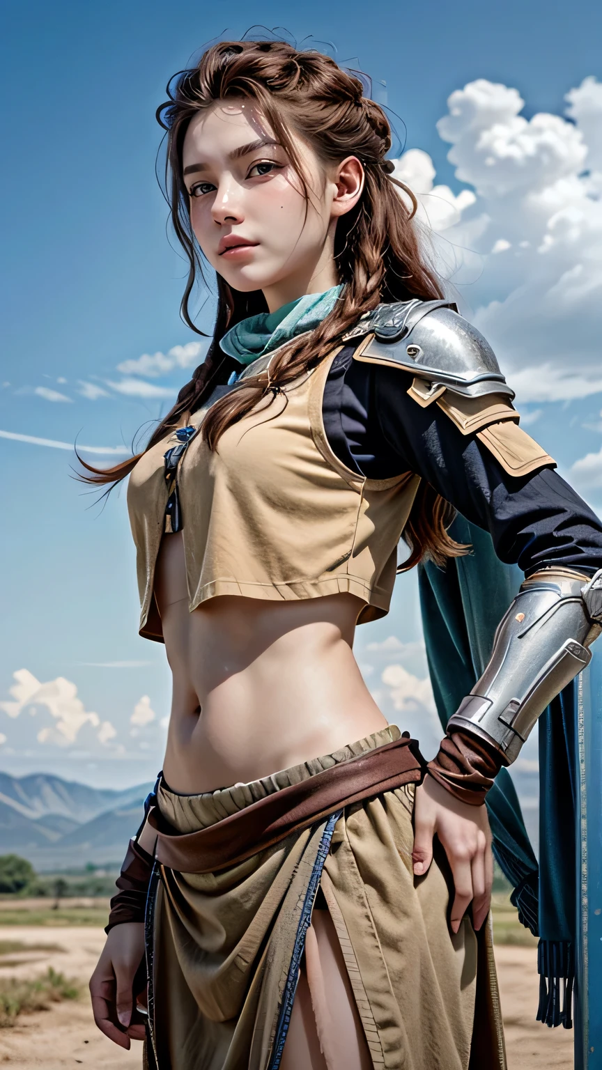 A woman inspired by Aloy from Horizon stands facing the camera, her long reddish-brown hair adorned with small ornaments and delicate braids. She waves gently, her warm smile and slightly parted lips highlighting her deep brown eyes and charming freckles. Dressed in light armor with intricate details, she reveals her toned midriff as the sunlight bathes her, creating a vibrant outdoor scene. Her shoulders are protected by armor pieces, and a weapon rests by her side, emphasizing her fearless demeanor. The clear blue sky serves as a backdrop, enhancing the beauty and strength of this warrior in a moment of calm and connection.