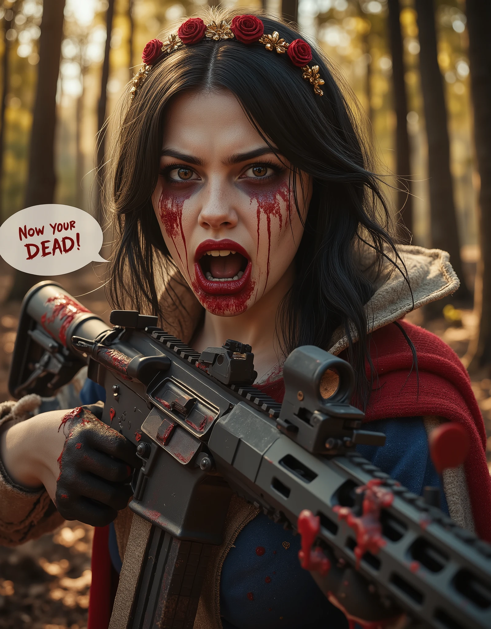 ((extremely realistic cinematic photo)), a A german girl has Black hair in traditional snow white style, and snow white make up with red lips, dressed as the 1960s style Disney character Snow White, She is standing in the woods surrounded Dwars all  lie dead on the ground ((She is holding a AR-15 assult rifle)), (Colt AR-15 Fifle), the dwars are dead on the ground and its blood on the ground ,( from the girls mouth a speech bubble with the text " Now your Dead"), Text "Now your Dead",  she has blood on here face), she is looking extremely angry and upset , beautiful golden sunlight though the trees, the dwarfs are half the size och the girl, ultrarealistic textures, wide shot, wide angel shot