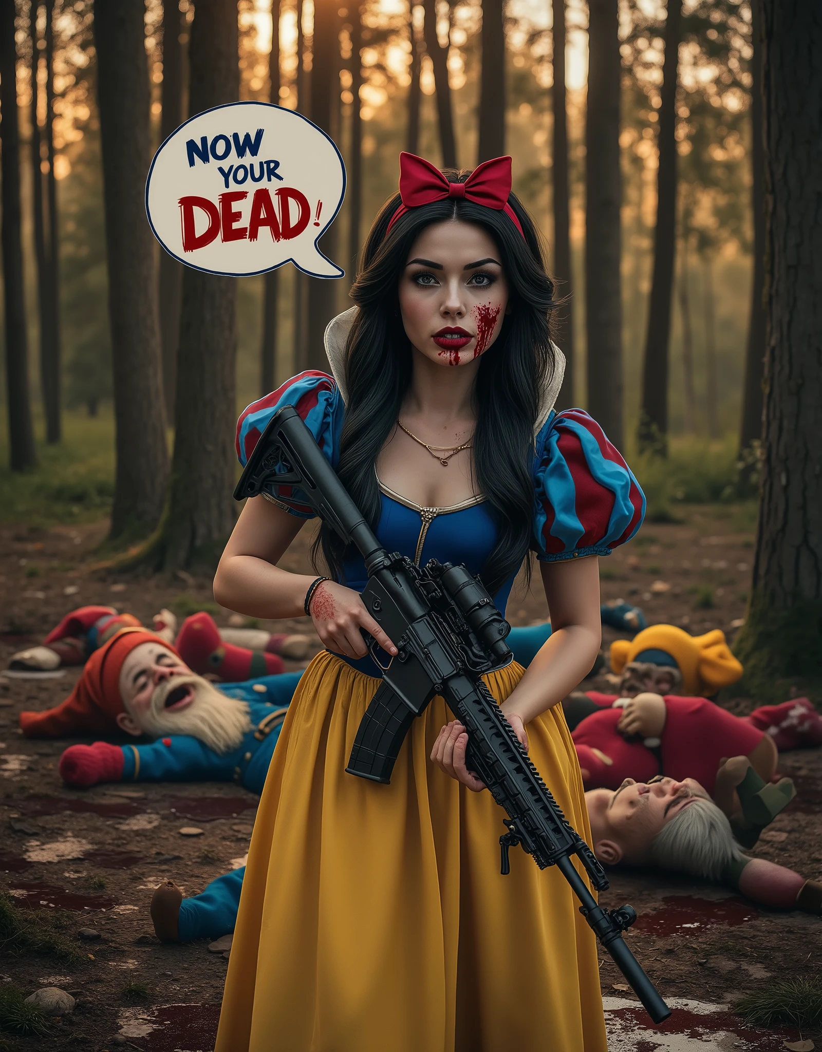 ((extremely realistic cinematic photo)), a A german girl has Black hair in traditional snow white style, and snow white make up with red lips, dressed as the 1960s style Disney character Snow White, She is standing in the woods surrounded Dwars all  lie dead on the ground ((She is holding a AR-15 assult rifle)), (Colt AR-15 Fifle), the dwars are dead on the ground and its blood on the ground ,( from the girls mouth a speech bubble with the text " Now your Dead"), Text "Now your Dead",  she has blood on here face), she is looking extremely angry and upset , beautiful golden sunlight though the trees, the dwarfs are half the size och the girl, ultrarealistic textures, wide shot, wide angel shot