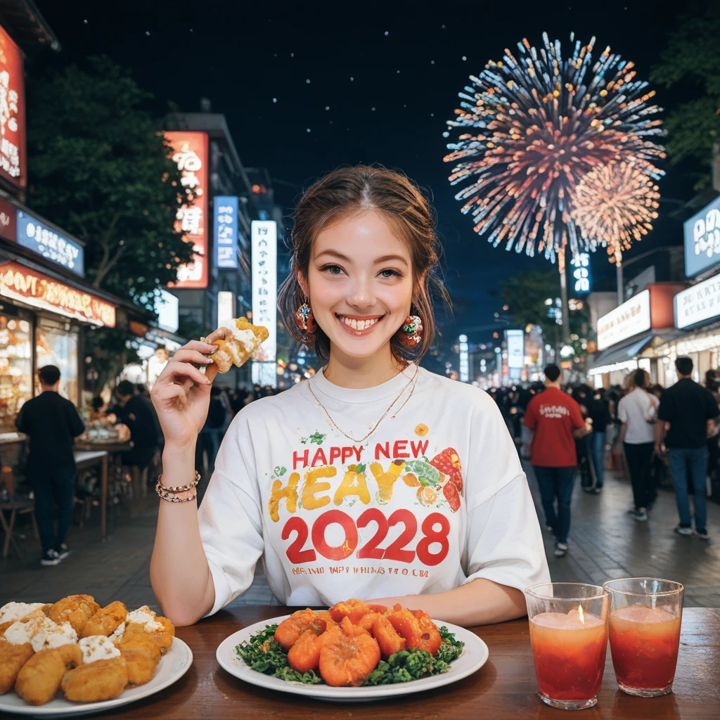 Street food scene 、New Year's animated illustration 、”２０２５　Shirts with the letters “Happy New Year”,firework