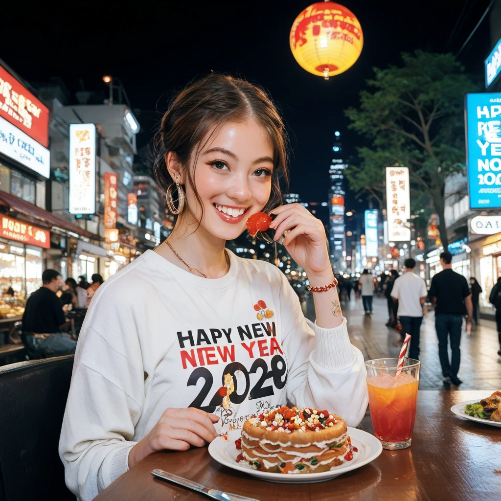 Street food scene 、New Year's animated illustration 、”２０２５　Shirts with the letters “Happy New Year”,firework