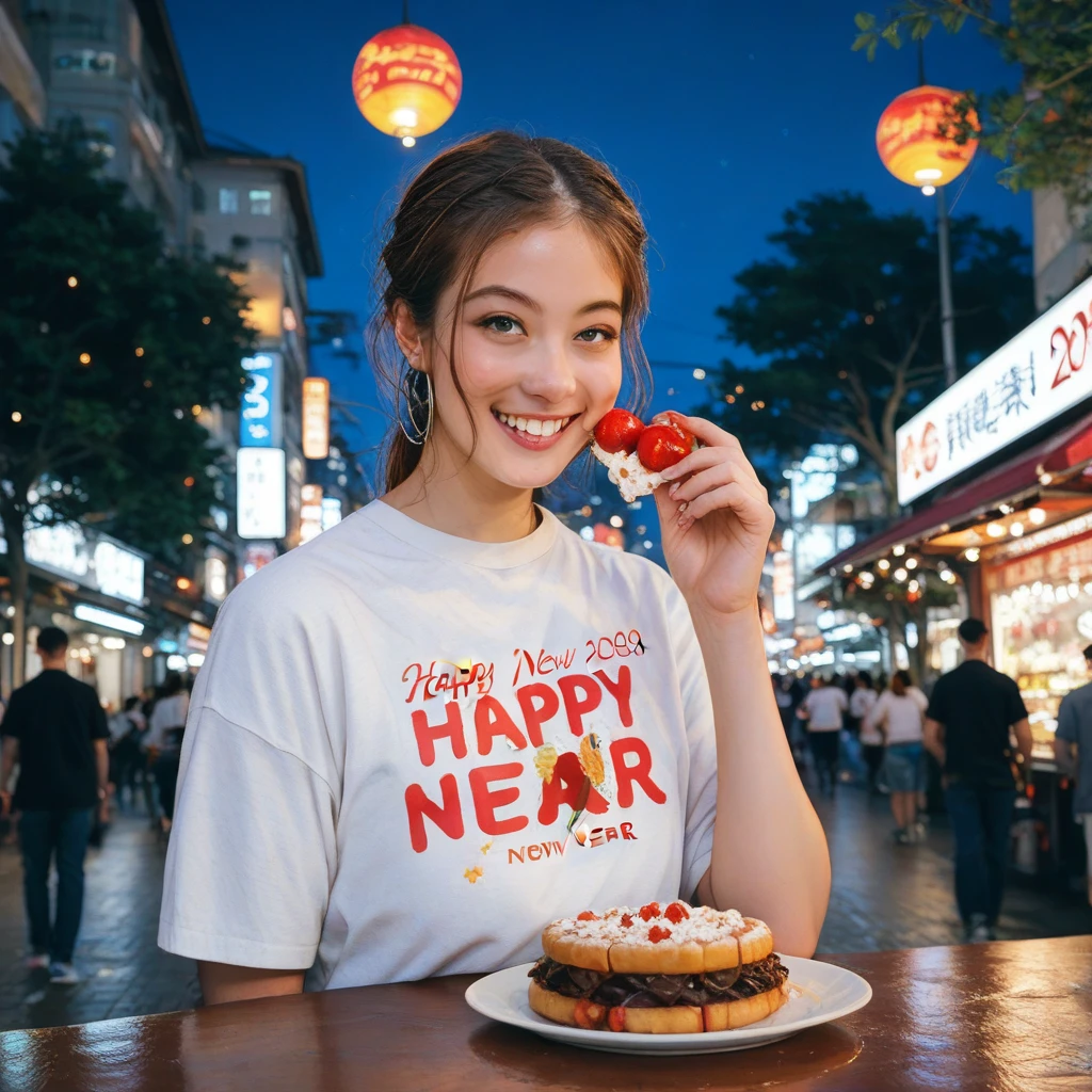 Street food scene 、New Year's animated illustration 、”２０２５　Shirts with the letters “Happy New Year”,firework