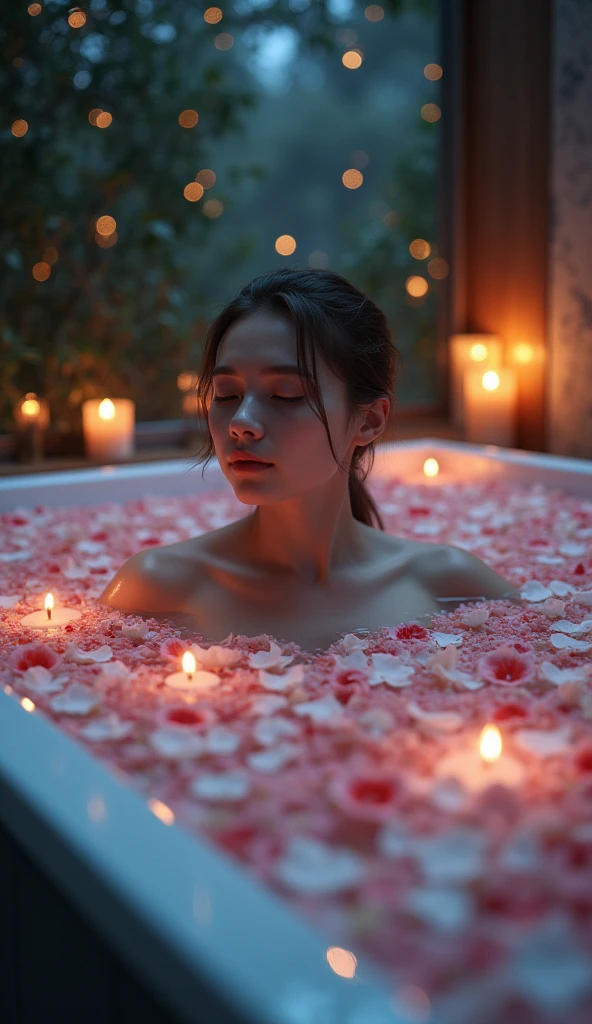 A captivating and alluring photograph of a young woman seated in a bathtub, enveloped in a sea of rose petals and bathed in the warm glow of flickering red candles. Her white shirt, soaked by the water, hugs her body tightly, revealing her delicate form. Her intense gaze, a blend of vulnerability and confidence, holds the viewer's attention. The background, a dramatic contrast of white ceramic tiles and striking black accents, sets the stage for this intimate and sensual moment, while the dim red light casts a soft, romantic ambiance., photo, cinematic