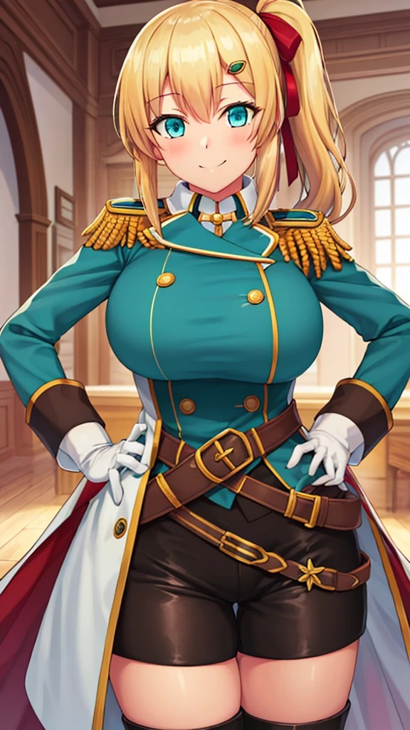 masterpiece, best quality, 1girl, solo, looking at viewer, emma_brightness, blonde hair, aqua eyes, ribbon, side ponytail, large breasts, military uniform, coat, black shorts, epaulettes, brown belt, thigh boots, white gloves, smile, hands on hips, indoors,