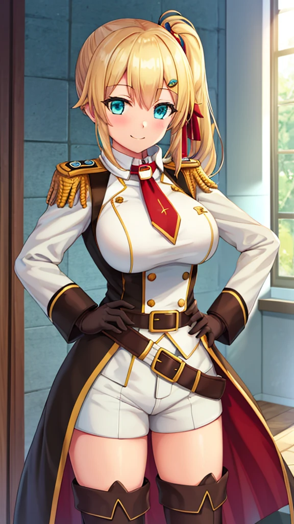 masterpiece, best quality, 1girl, solo, looking at viewer, emma_brightness, blonde hair, aqua eyes, ribbon, side ponytail, large breasts, military uniform, coat, black shorts, epaulettes, brown belt, thigh boots, white gloves, smile, hands on hips, indoors,