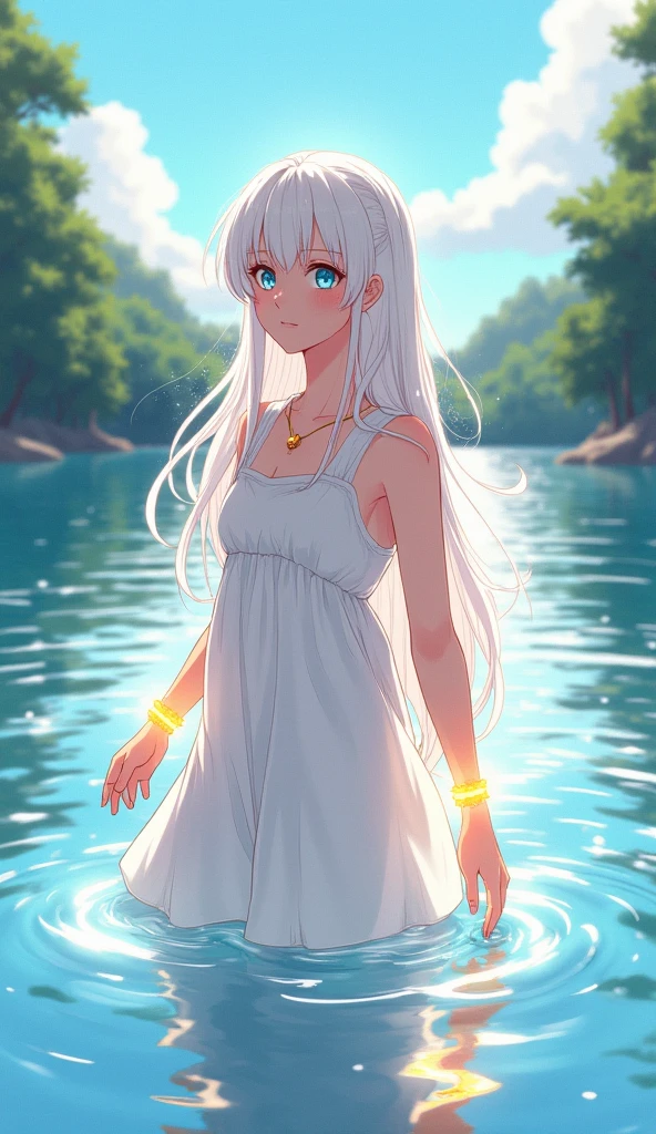score_9,score,sauce_アニメ, Break 1 Girl, alone, shinosawa hiro,  VirtuosaBase、thin, Orange Eyes, White eyelashes, bionde, Long Hair, Hair Clip, , Flat Chest, slim, rib, Water Play, Dress Lift, wet, See-through silhouette, sunlight, light, bloom, Lens flare, dark, Cowboy Shot, From behind, Recall, (masterpiece:1.2, Highest quality), (Fine and beautiful eyes: 1.2), (Beautiful and dense face), (Sharp facial hair between the eyes)、Dynamic Pose Glossy Skin, Pale skin, Secret Realm, Small Lake, forest, Kneel on lake surface, Sunlight shadow, Depth of written boundary, close, close range