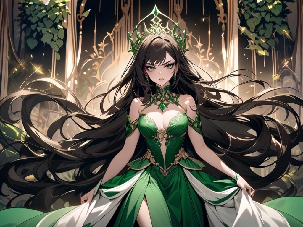 **Name:** Seraphina "Sera" Valtoria **Age:** 28 **Appearance:** Seraphina is strikingly beautiful, with a commanding presence that captivates those around her. She has long, wavy raven-black hair that cascades down to her waist, often adorned with intricate braids and small jewels reflecting her status. Her almond-shaped, emerald-green eyes have a piercing quality, conveying both warmth and an underlying intensity. Her skin is fair, with a hint of olive, and her full lips are usually painted a deep red, symbolizing her transformation from seduction to power. Her attire has evolved significantly. From the revealing, luxurious garments she once wore, meant to entice and allure, she now dons regal, elegantly tailored gowns that reflect her noble status. These dresses, made of the finest silks and adorned with intricate embroidery, blend her sensual past with her current regal bearing. She wears a crown of gold and emeralds, representing her ascent to queenship.