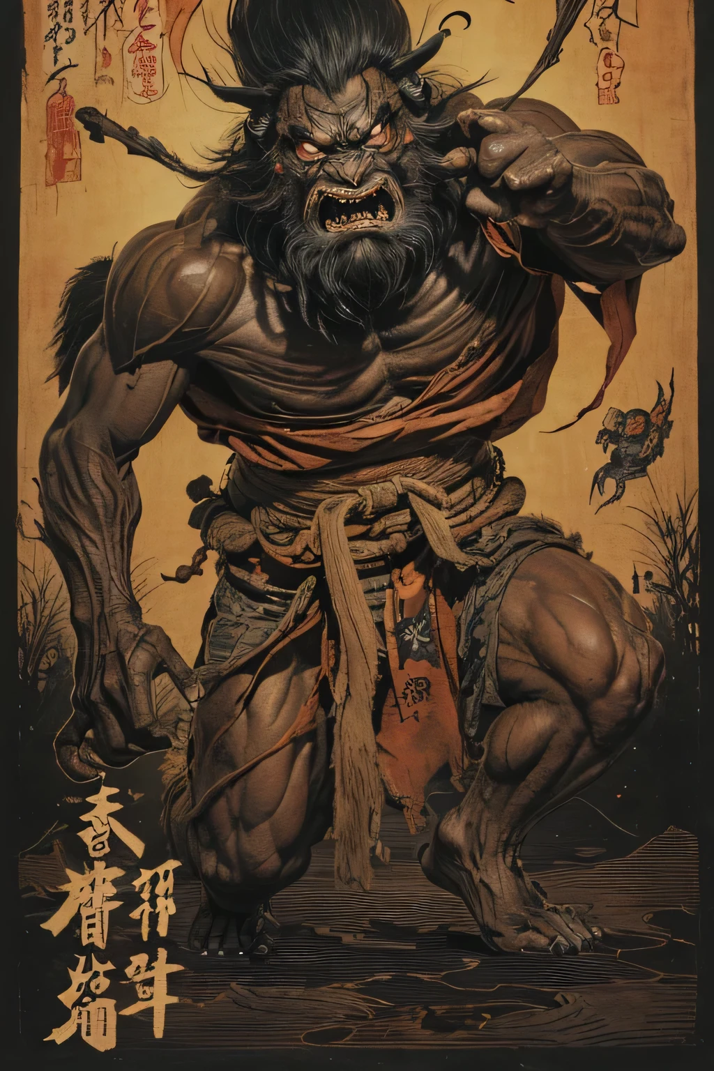 (( Darkness)), ((Beastman's monster )), ((Jumpscare)), outline warm color, ((festival)), ((Choju Jinbutsu Giga)), ((Shihon Bokuga)), antique, (personality personification ), (Ink painting), ( Black and White Art ), (Old paper style illustration), (Hunting Painting Style, Little Monster , Old performance, Variation pointillism, flat illustration , creepy, ((Horror elements)), ( creepy) worldview, ( Primitive art ), outline warm color, are styled like old picture scrolls, Old stage, Ancient mural style, Japanese Yokai, huge body , Intense Movements , muscularity, twists the upper body, xuer house