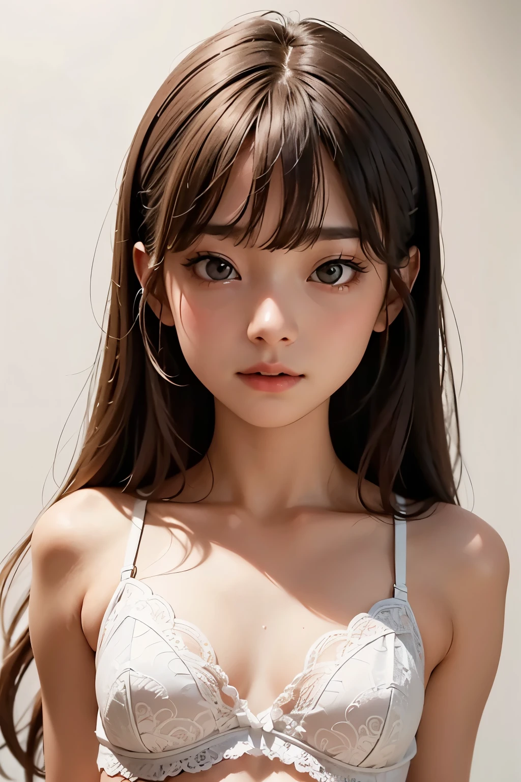 (Blank Background:1.2)、( white background;1.2)、 One girl 、whole body、 small breasts、 slim figure、 ( lace see-through lingerie ) 、 Bundle your hair and make it up、、 flat bangs, depicts details of cute faces、(Soft lighting on the face)、 cinematic lighting、Cinematic Light、Soft light、 indirect lighting、 photorealistic , Masterpiece, top quality , break (Blank Background:1.2)、( white background;1.2)、