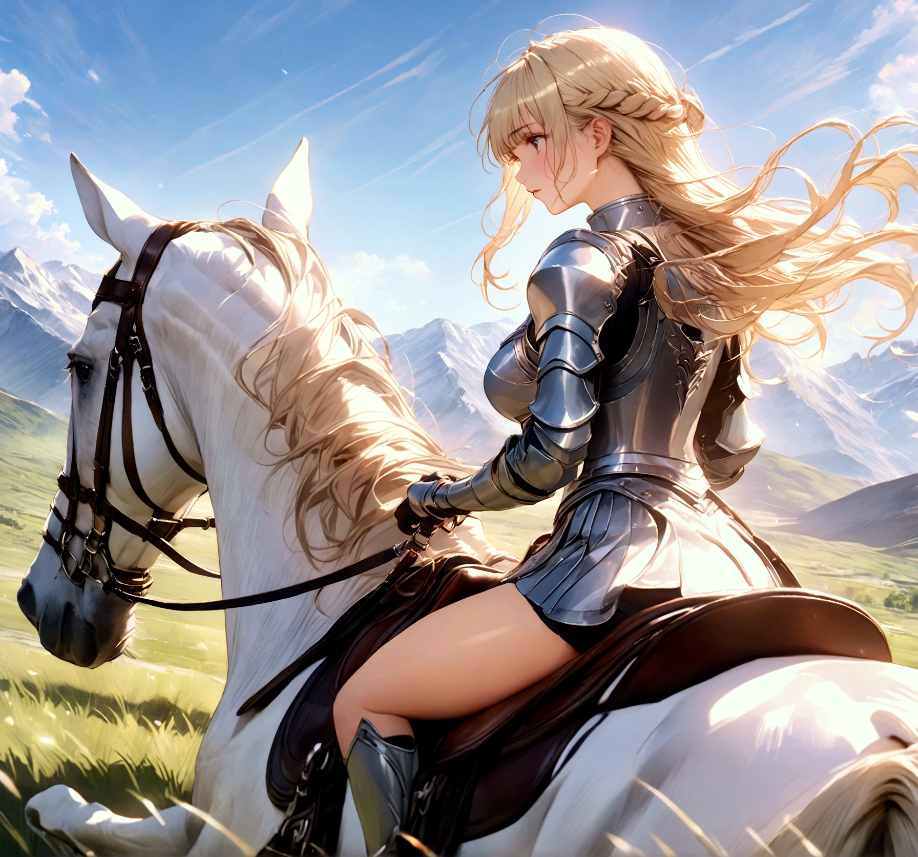 ((best quality)), ((anime masterpiece)), (high detailed), 8k, cinematic lighting, perfect face, perfect hand, large breast, cleavage, riding, horse, (((a young woman wearing in knight armor watching a blue sky while riding on a WHITE HORSE)), ([SNQSWYsuliya, bangs, curly sidelocks, {blonde hair}]), (armor, miniskirt, cleavage, bare legs, greaves, sword on the back)), BREAK, ([white horse, saddle, reins, bridle, standing]), solo, (on the grassland, mountainside, fantasy settings:1), both hand holding rein, from side: 1, anatomically correct