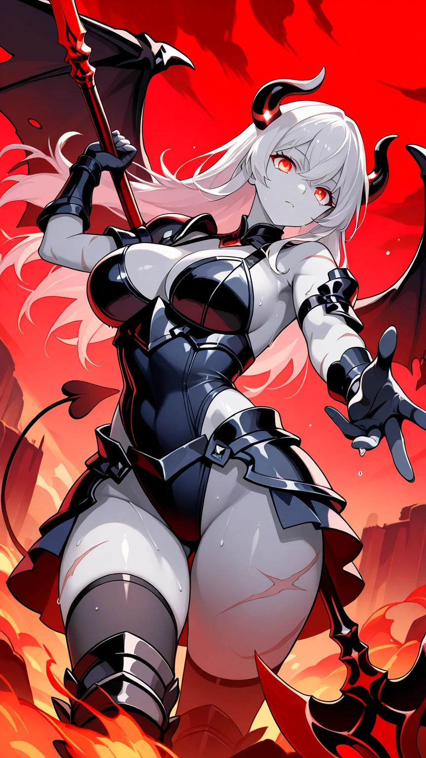  The Abyssal Warrior
Appearance :  A battle-hardened succubus ,  with breasts, thighs and large butt ,  with highly defined, sweaty ashy gray skin , irregular black horns ,  bright red eyes and scars on her arms .  Her armor is dark and full of spikes ,  with flamboyant accents on her wings .
pose:  Carrying forward with a demonic spear in her hand ,  her wings outstretched and eyes burning with fury .
bottom:  A fiery battlefield with rivers of lava ,  mountains crumbling Floods and a blood-red sky full of smoke and ash.