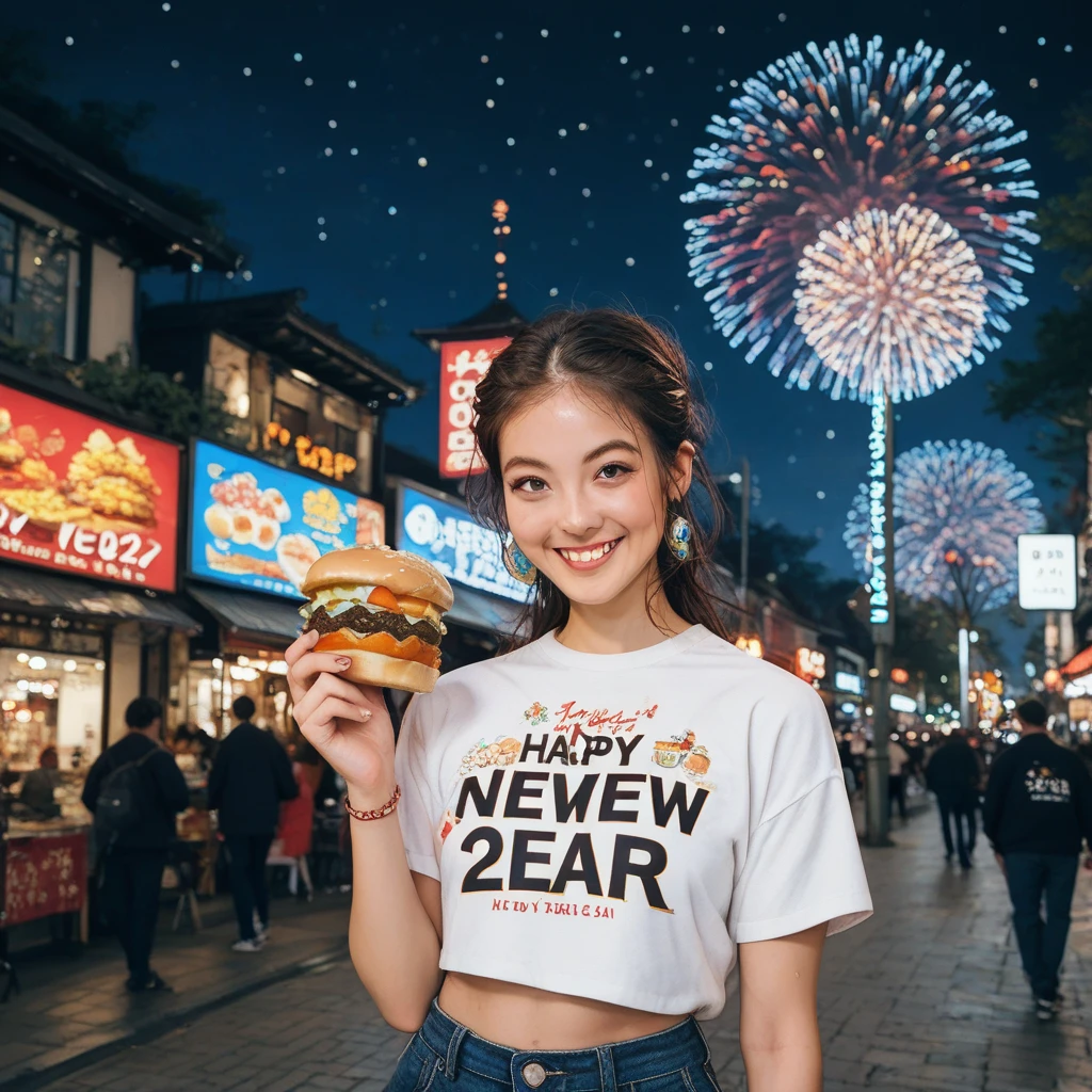 Street food scene 、New Year's animated illustration 、”２０２５　Shirts with the letters “Happy New Year”,firework